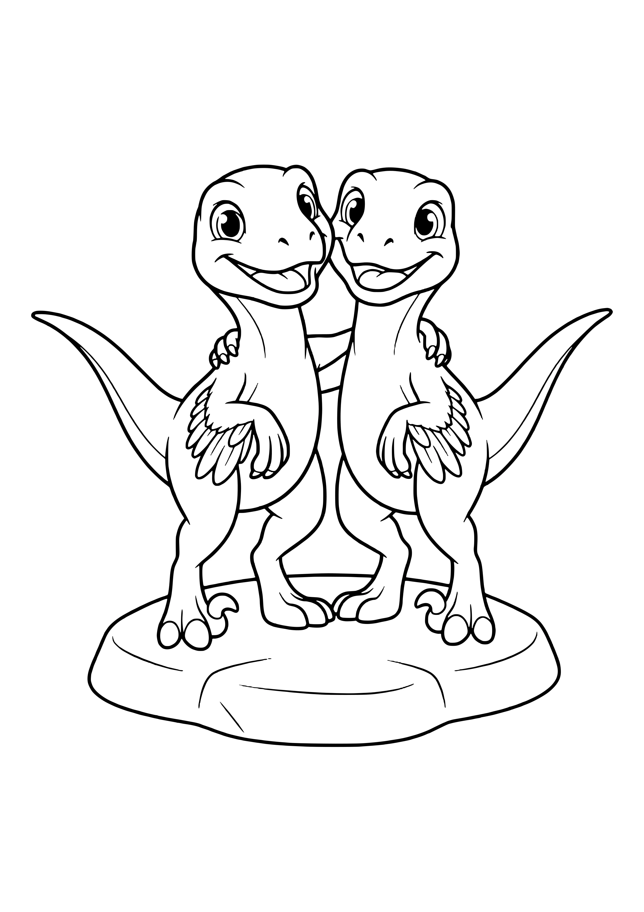 Two small grinning Velociraptors standing side by side, each with an arm around the other’s shoulder – printable coloring page