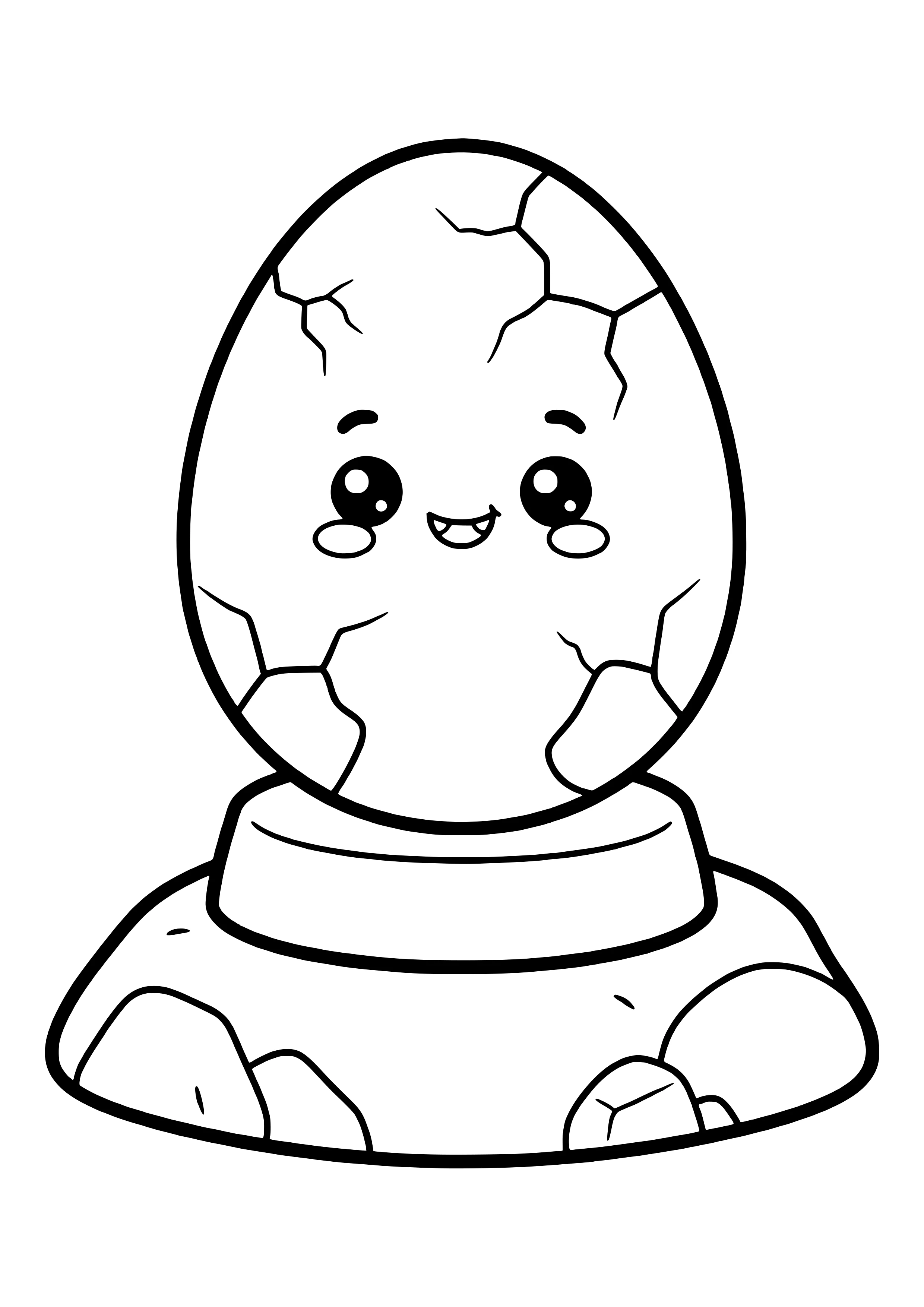 Large fossilized dinosaur egg with cracks and a smiling face on a stand – printable coloring page