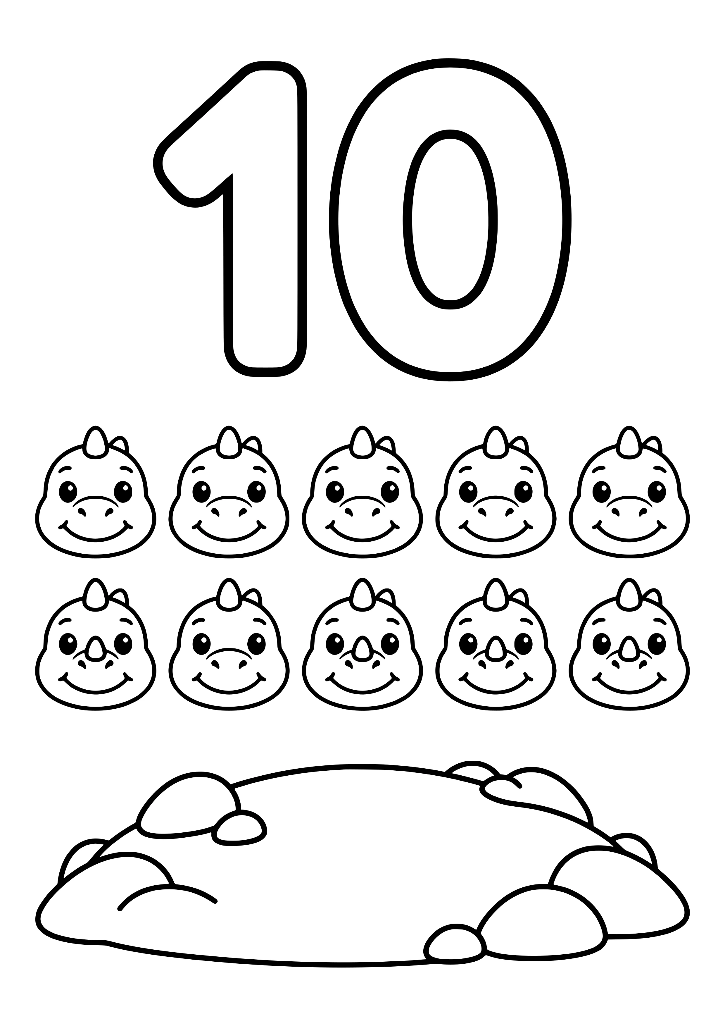 Big chunky number 10 with ten little dinosaur heads in two rows – printable coloring page