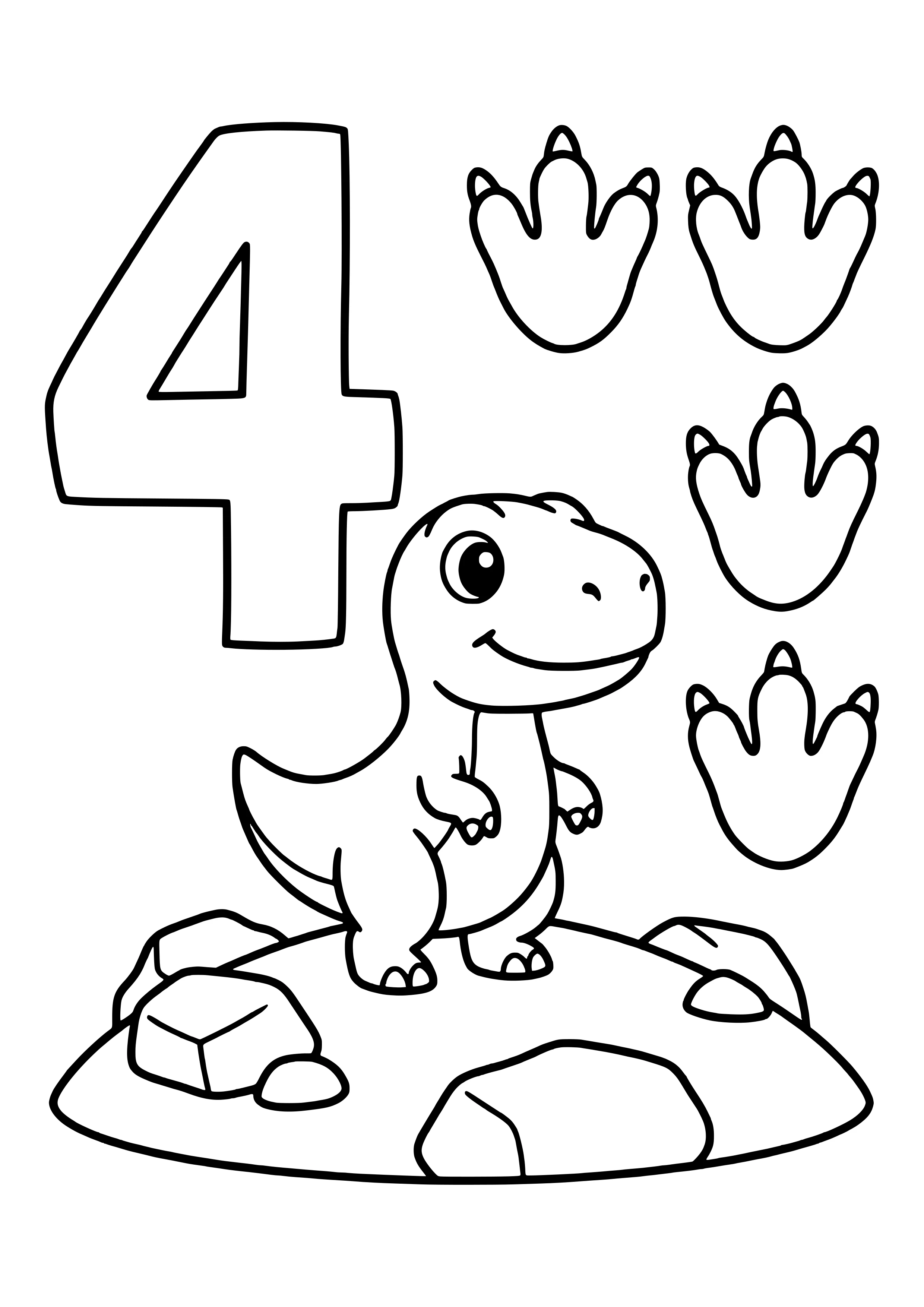 Big chunky number 4 with four dinosaur footprints beside it – printable coloring page