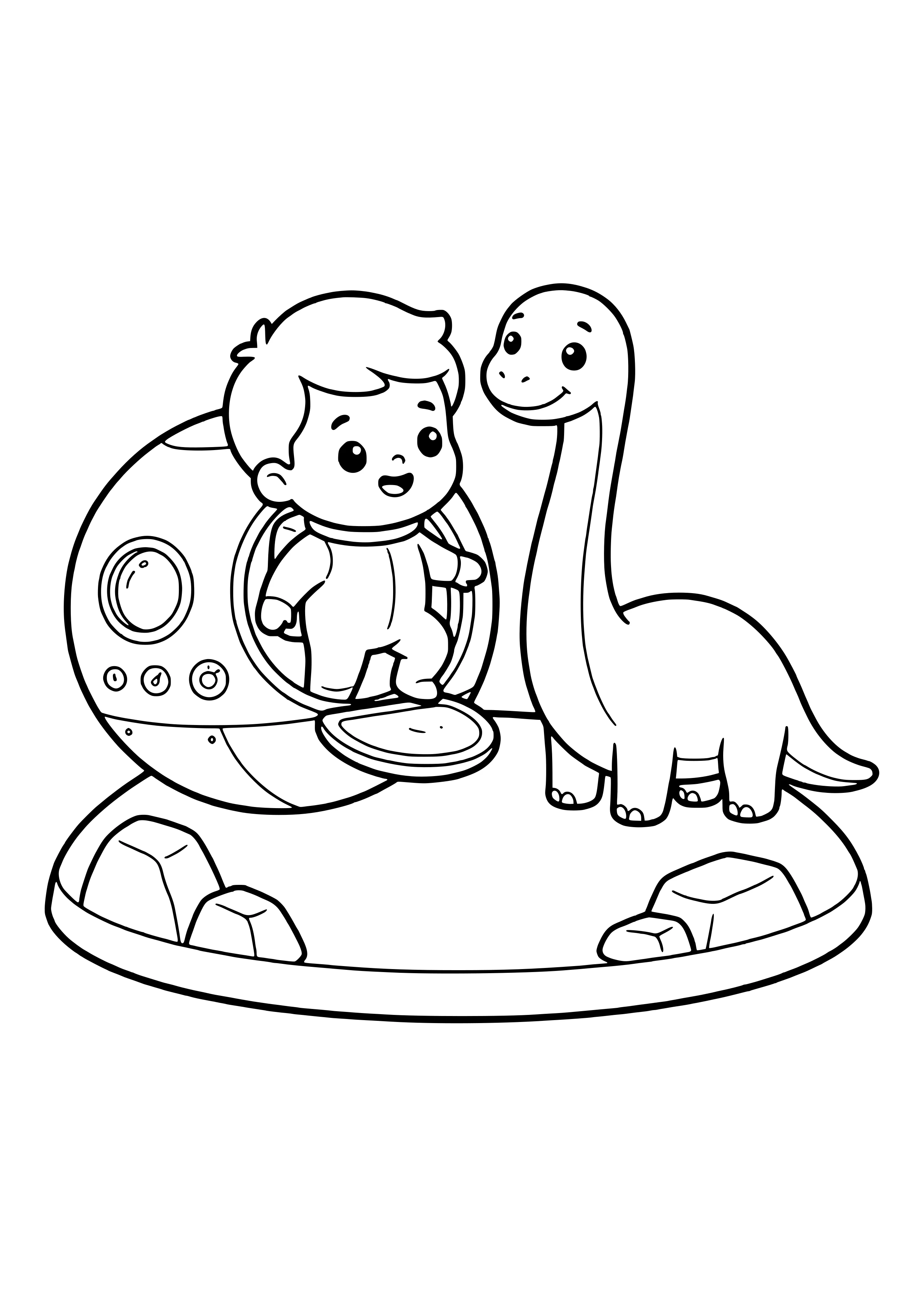 Kind steigt aus einer runden Zeitmaschine und staunt einen freundlichen Langhals-Dino an – Ausmalbild zum Ausdrucken