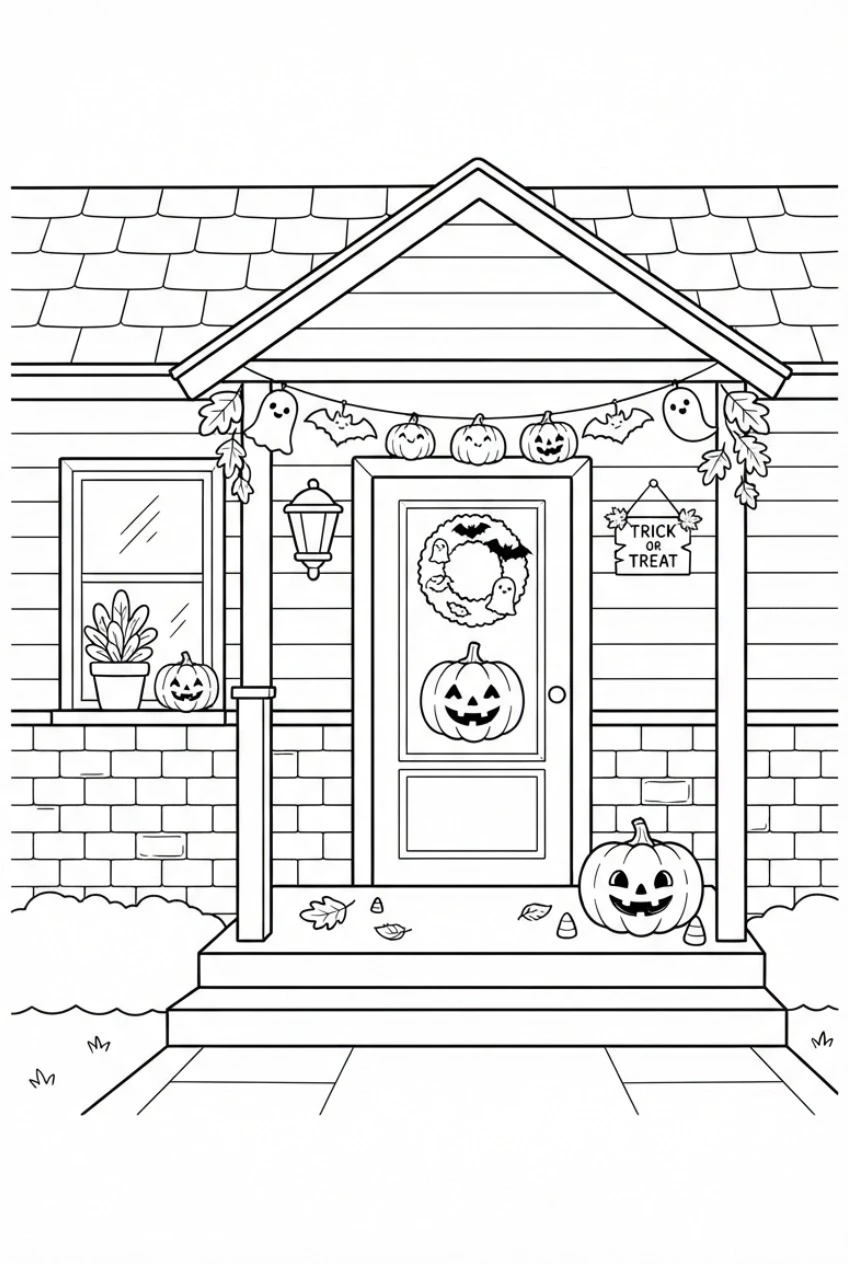 Halloween-Girlande am Haus Ausmalbild