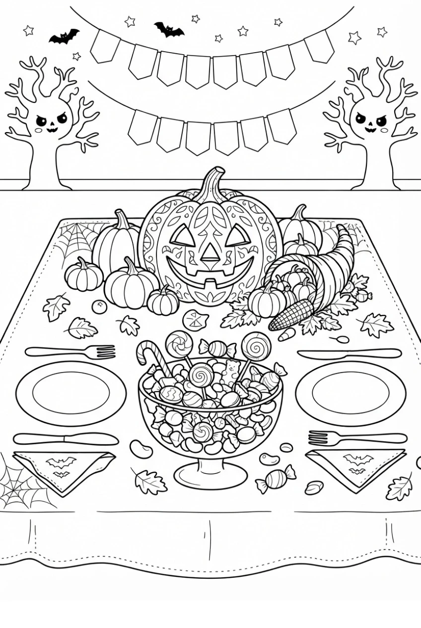 Halloween-Party-Tisch Ausmalbild
