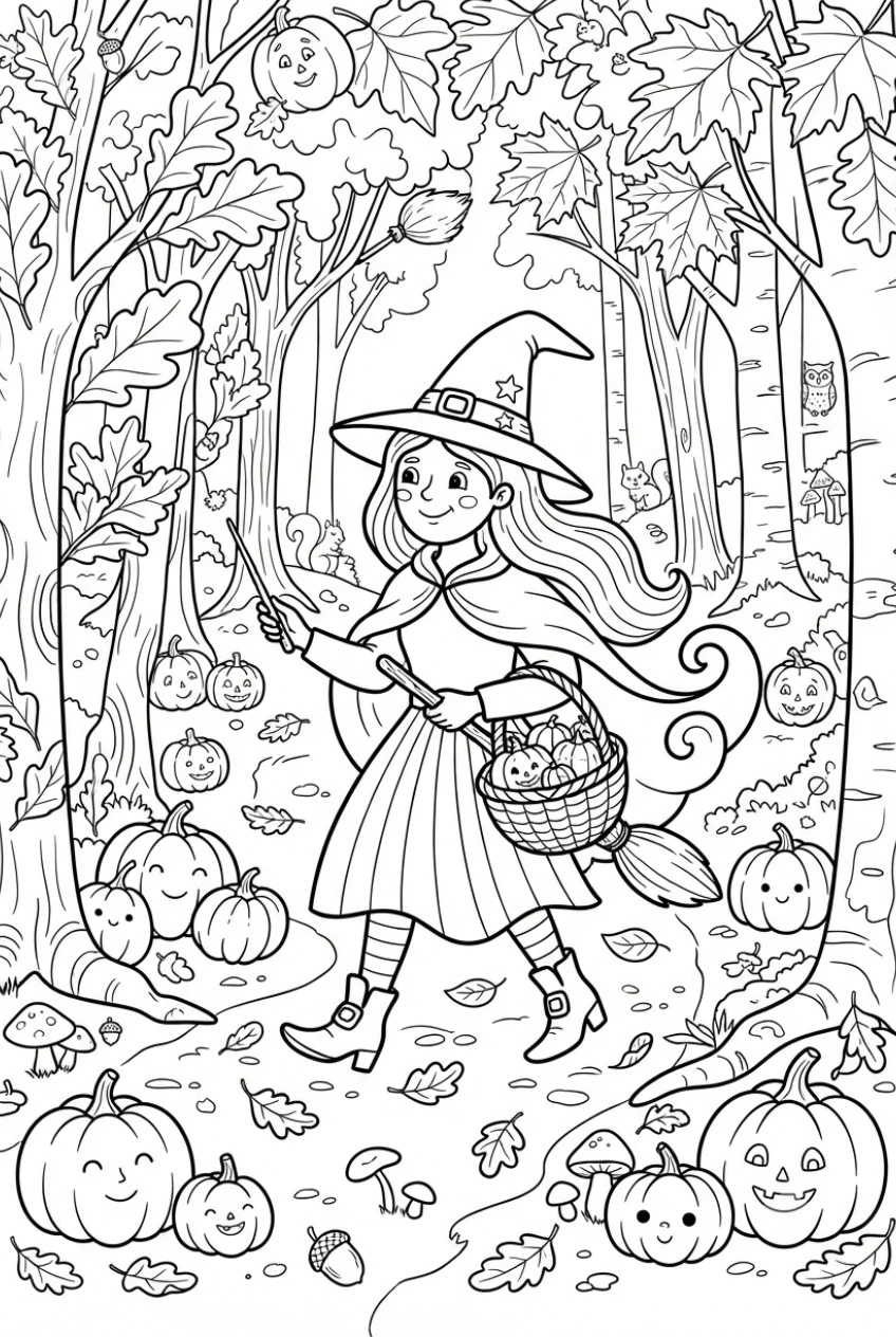 Herbst-Hexe im Wald Ausmalbild