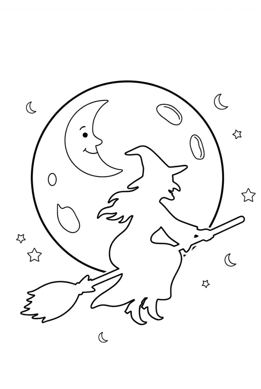 Hexe fliegt über Vollmond Ausmalbild