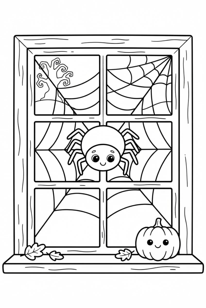 Spinnennetz-Deko am Fenster Ausmalbild
