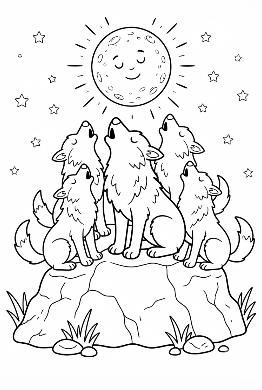 Wolfsrudel bei Nacht Ausmalbild