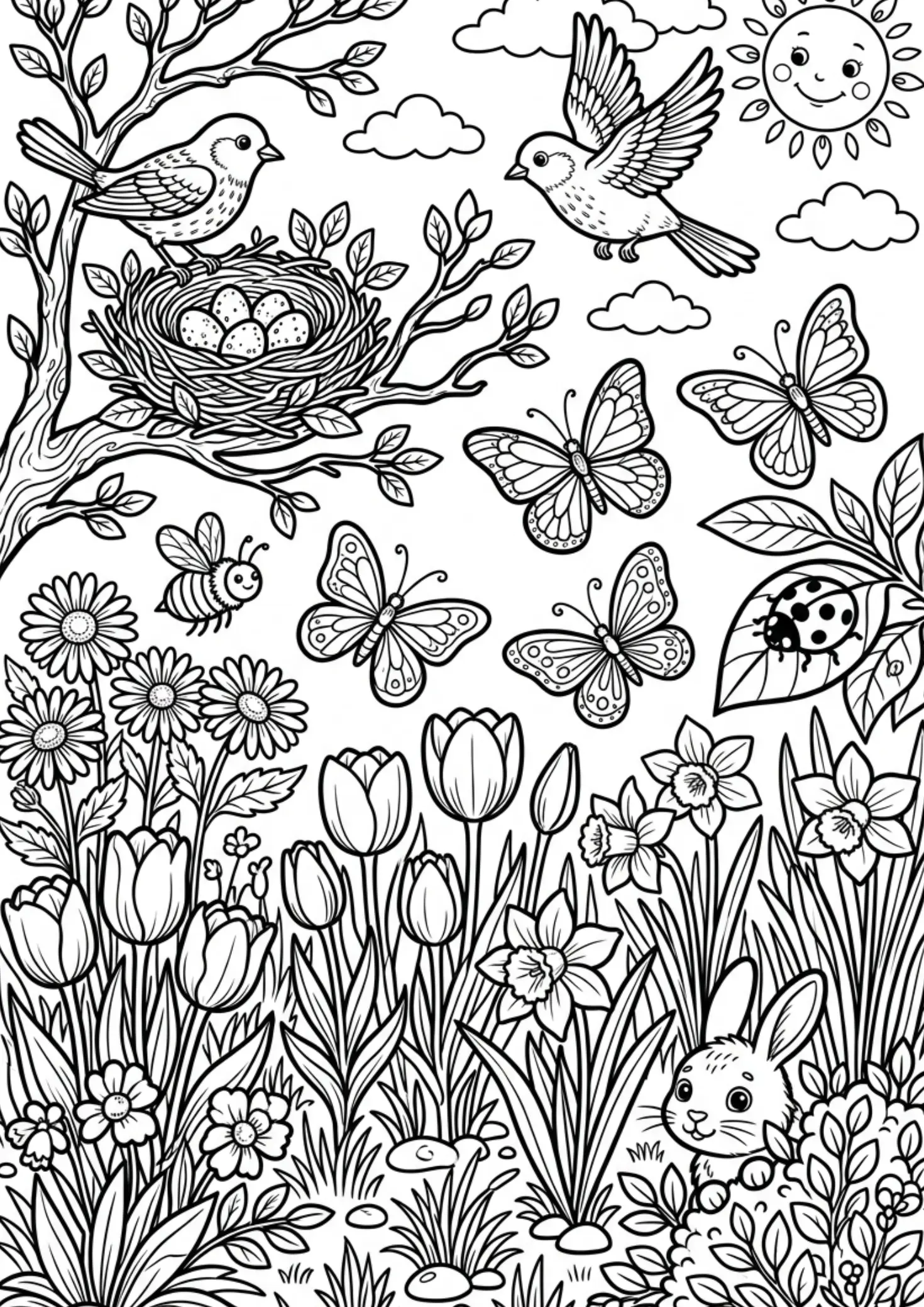 Spring coloring page with flower meadow, butterfly, and bird's nest