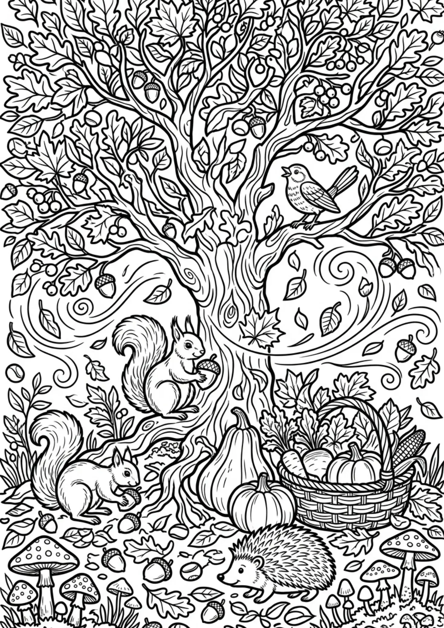 Herbst-Ausmalbild mit Baum, fallenden Blättern, Eichhörnchen, Pilzen und Kastanien