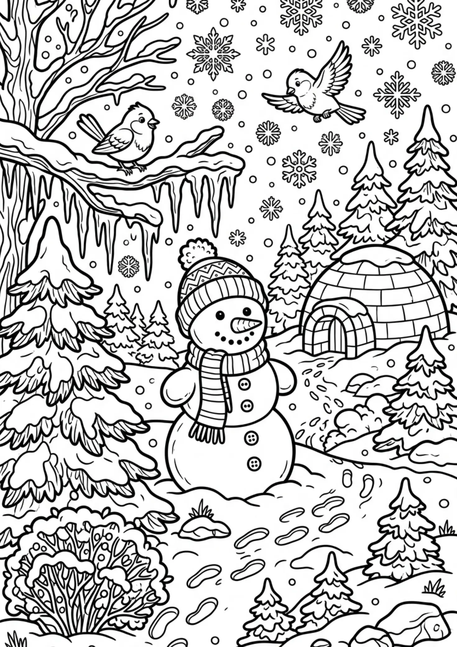 Winter-Ausmalbild mit Schneemann, Schneeflocken, Tannenbaum und Vogel