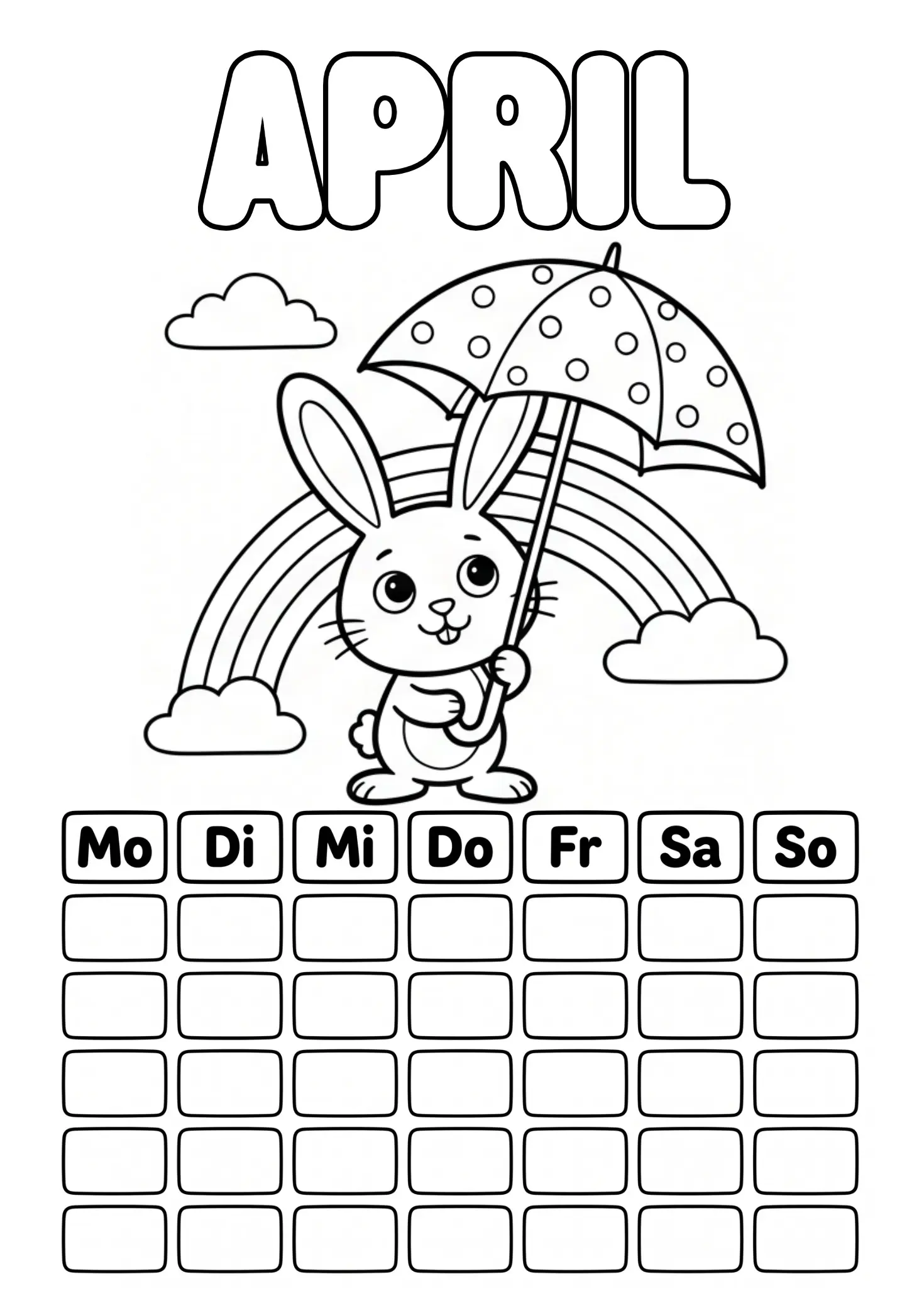 April Ausmalbild mit Osterhase, Regenschirm und Regenbogen und leerem Kalenderraster zum Ausfüllen