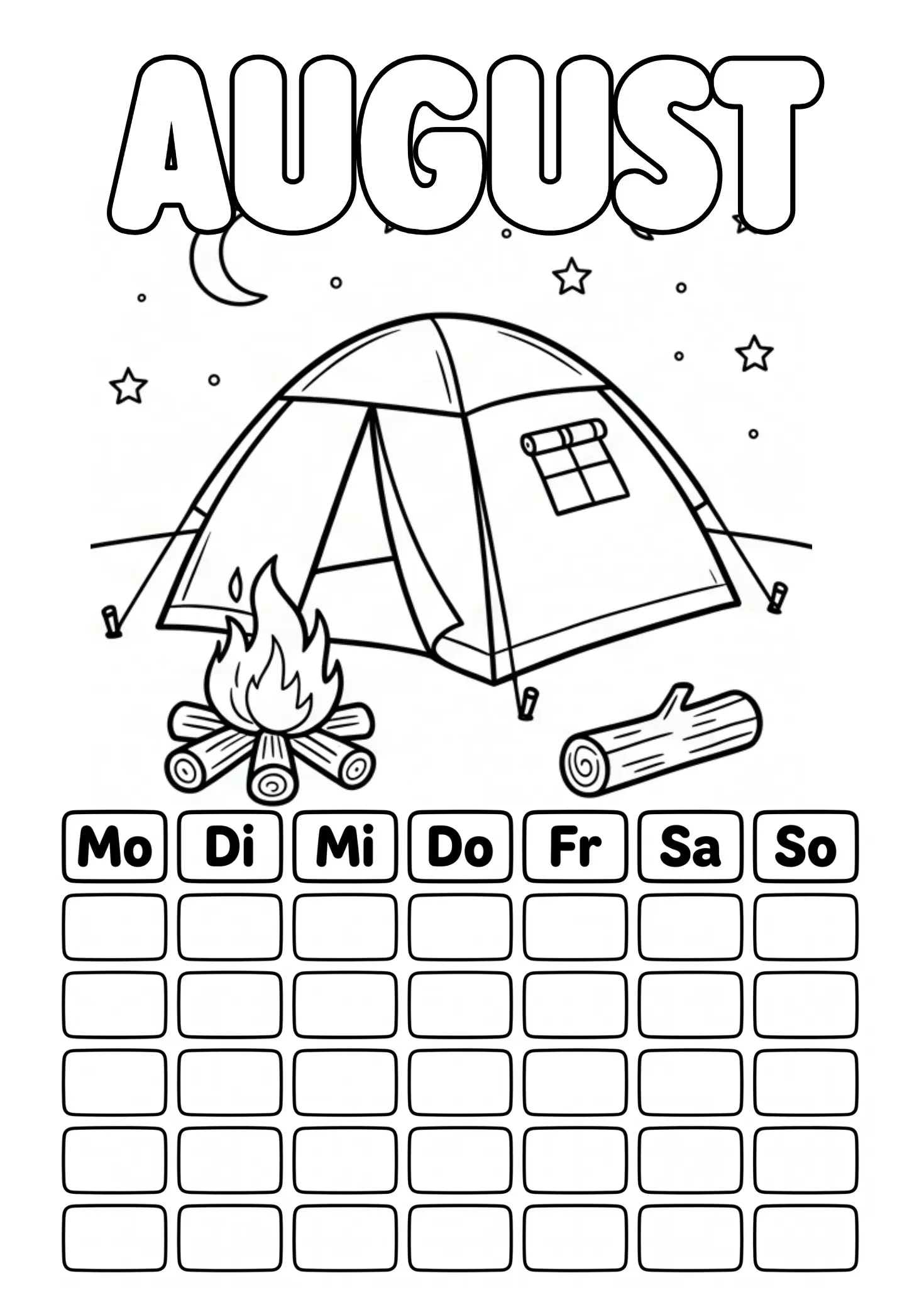 August Ausmalbild mit Zelt, Lagerfeuer und Sternen und leerem Kalenderraster zum Ausfüllen