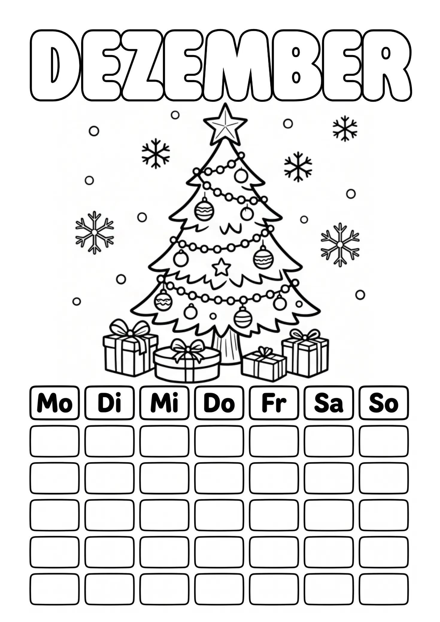 Dezember Ausmalbild mit Weihnachtsbaum und Schneeflocken und leerem Kalenderraster zum Ausfüllen