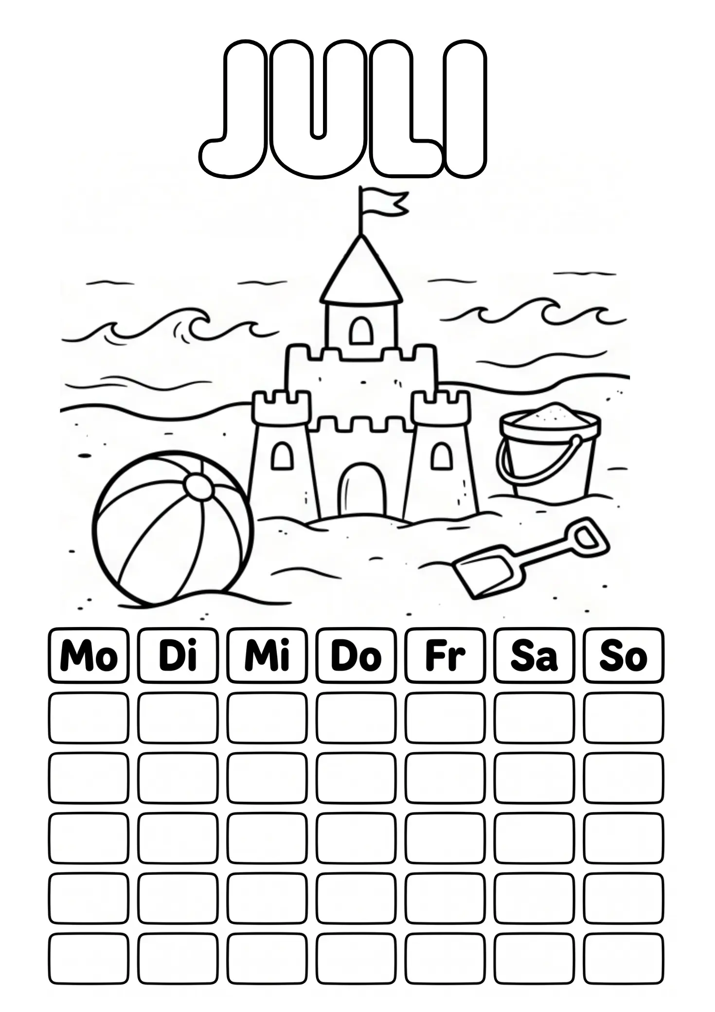 Juli Ausmalbild mit Sandburg, Strandball und Sonne und leerem Kalenderraster zum Ausfüllen