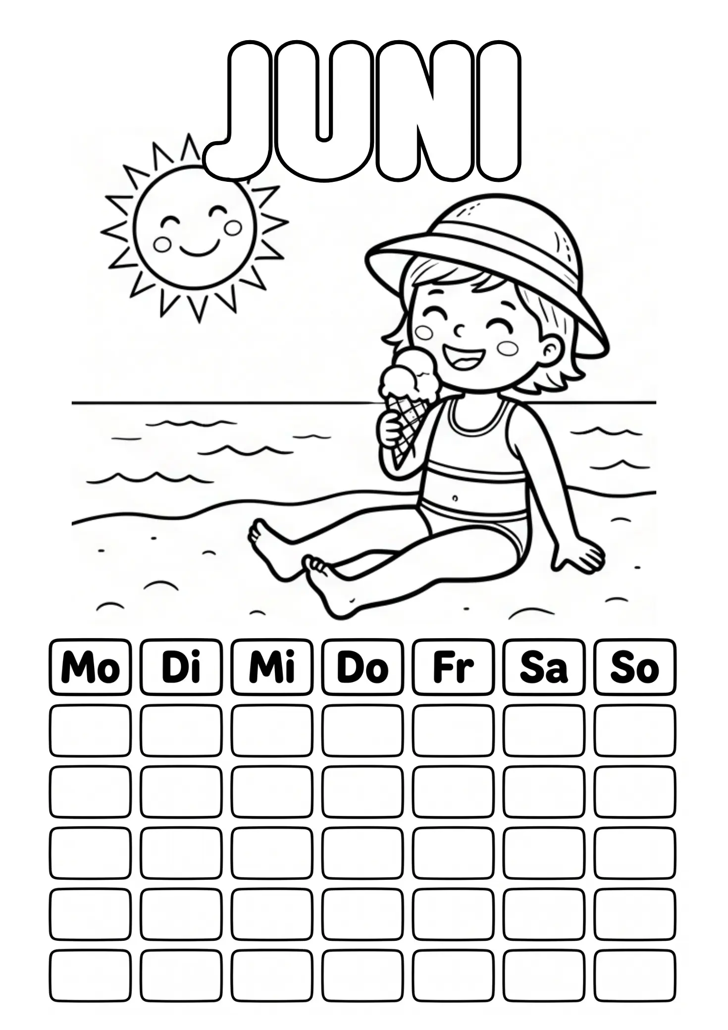 Juni Ausmalbild mit Eis am Strand und leerem Kalenderraster zum Ausfüllen