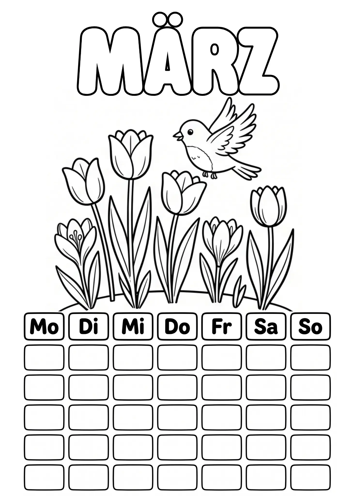 März Ausmalbild mit Frühlingsblumen und leerem Kalenderraster zum Ausfüllen