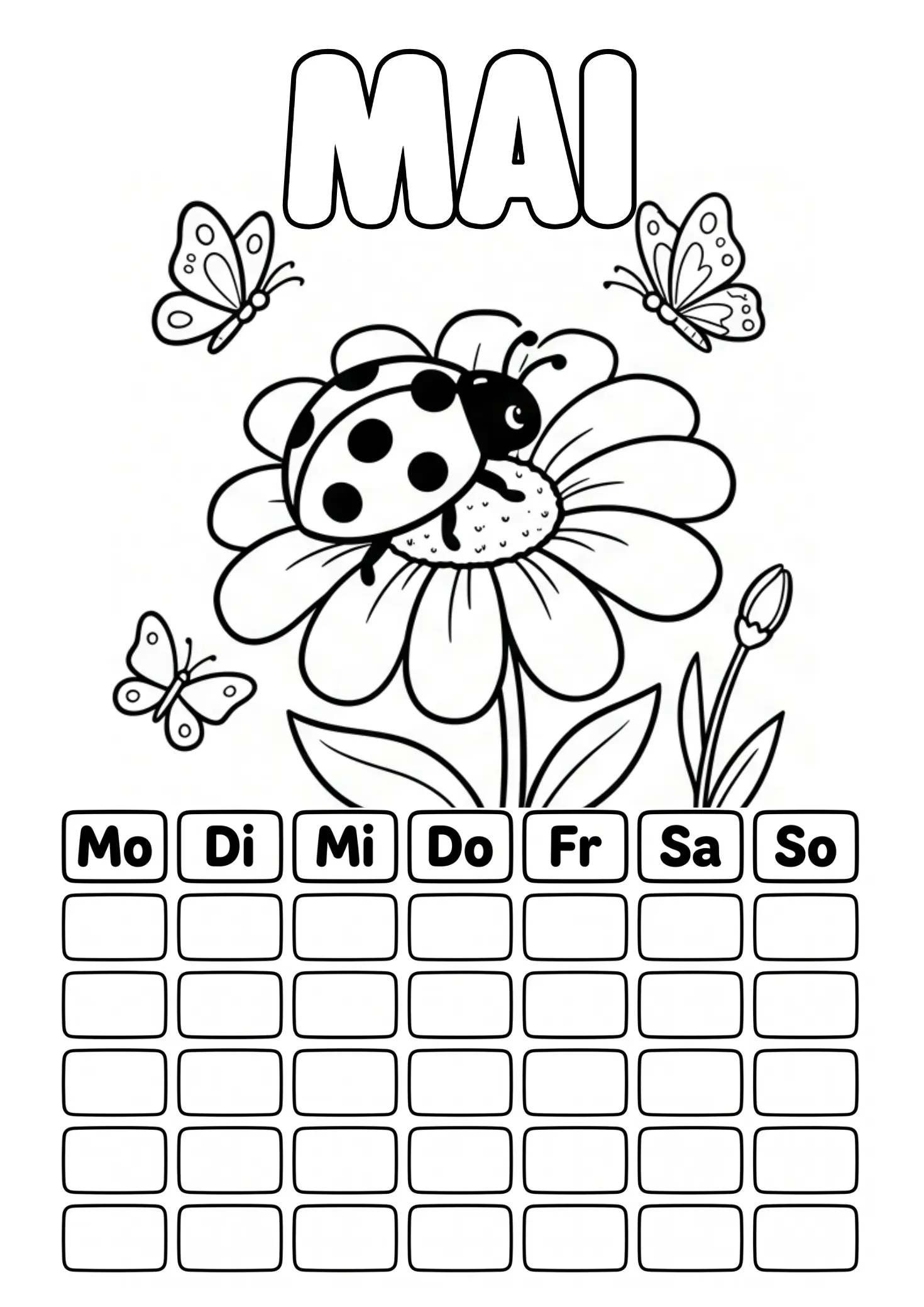 Mai Ausmalbild mit Marienkäfer, Blumen und Schmetterlingen und leerem Kalenderraster zum Ausfüllen