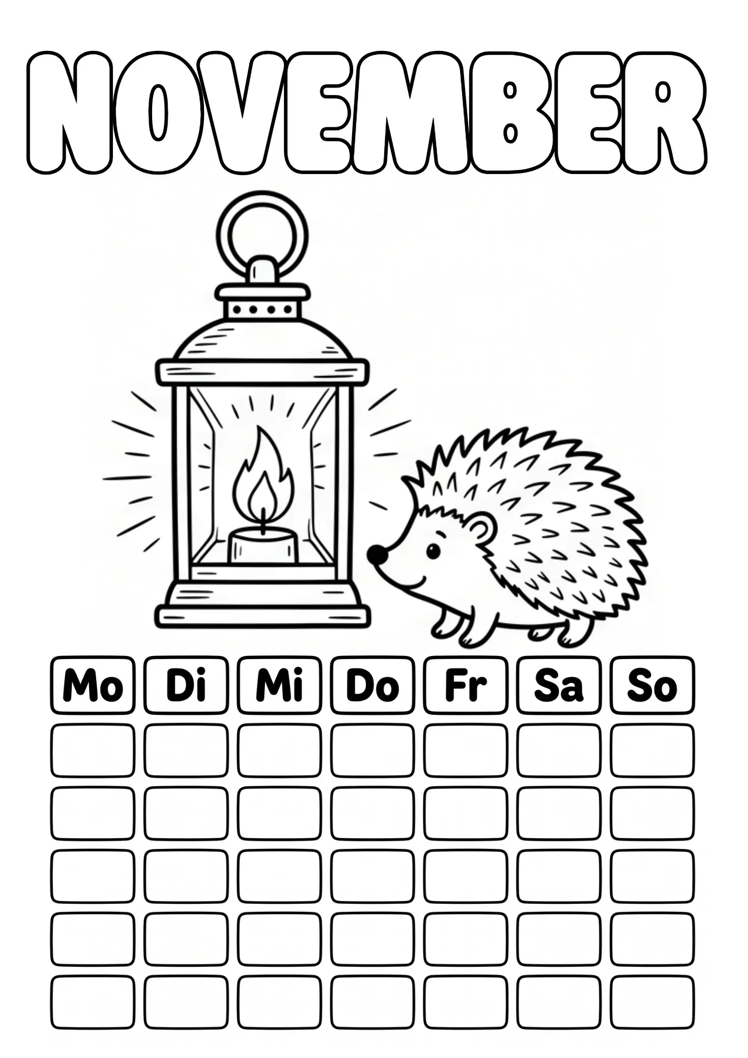 November Ausmalbild mit Laterne und Igel und leerem Kalenderraster zum Ausfüllen