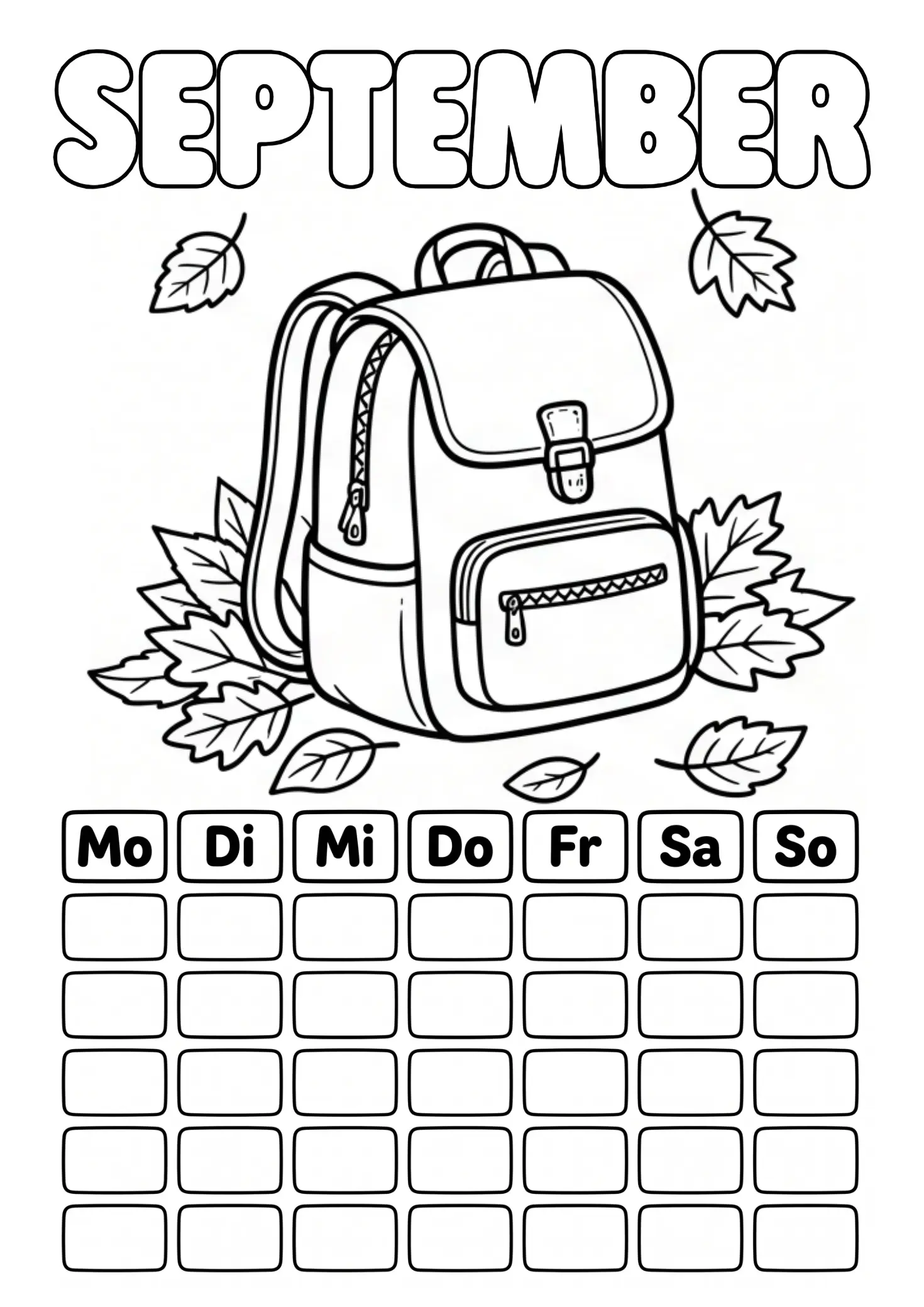 September Ausmalbild mit Schulranzen und Herbstblättern und leerem Kalenderraster zum Ausfüllen