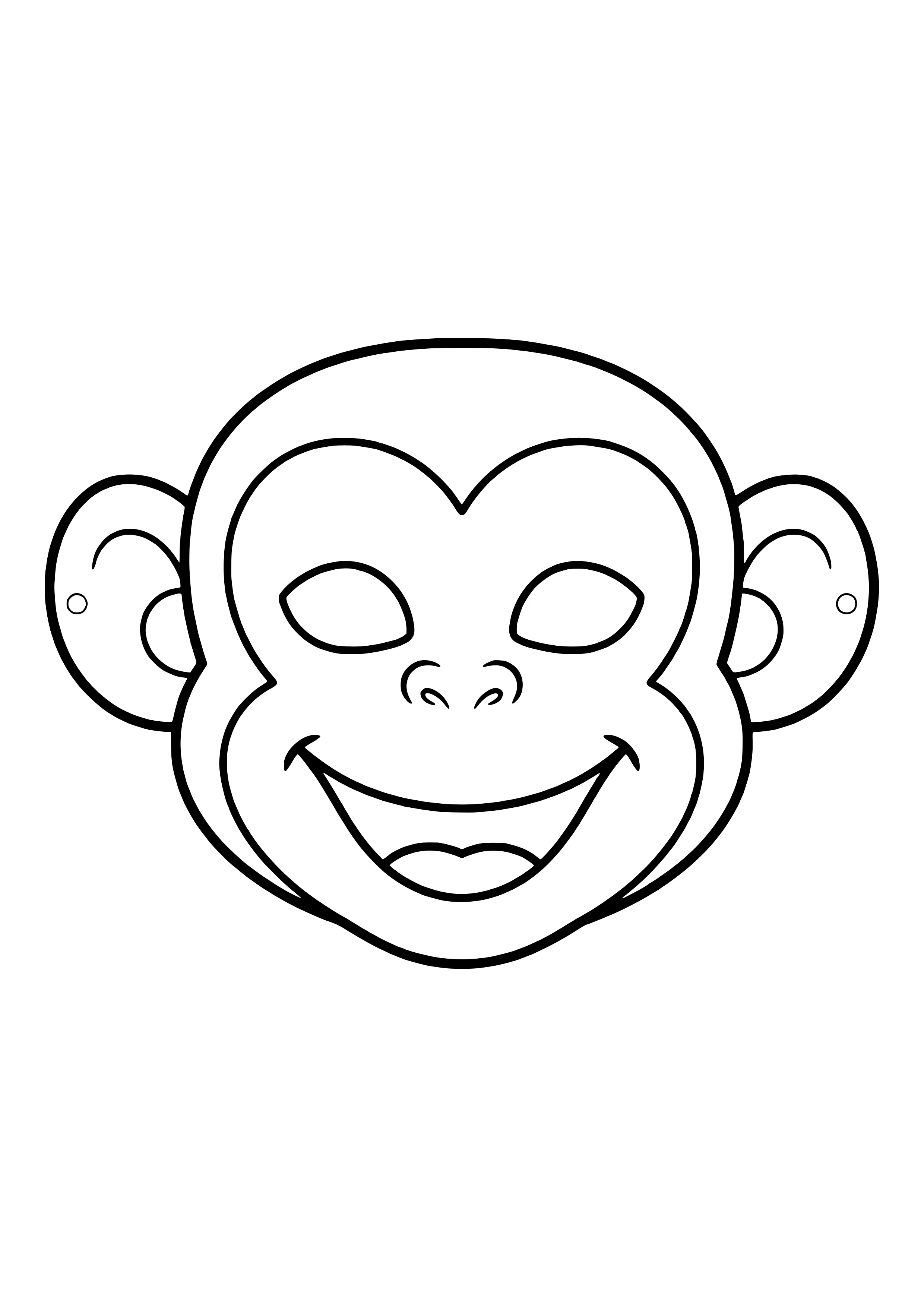 Printable monkey mask with big round ears, a heart-shaped face, and a wide mouth, ready to color
