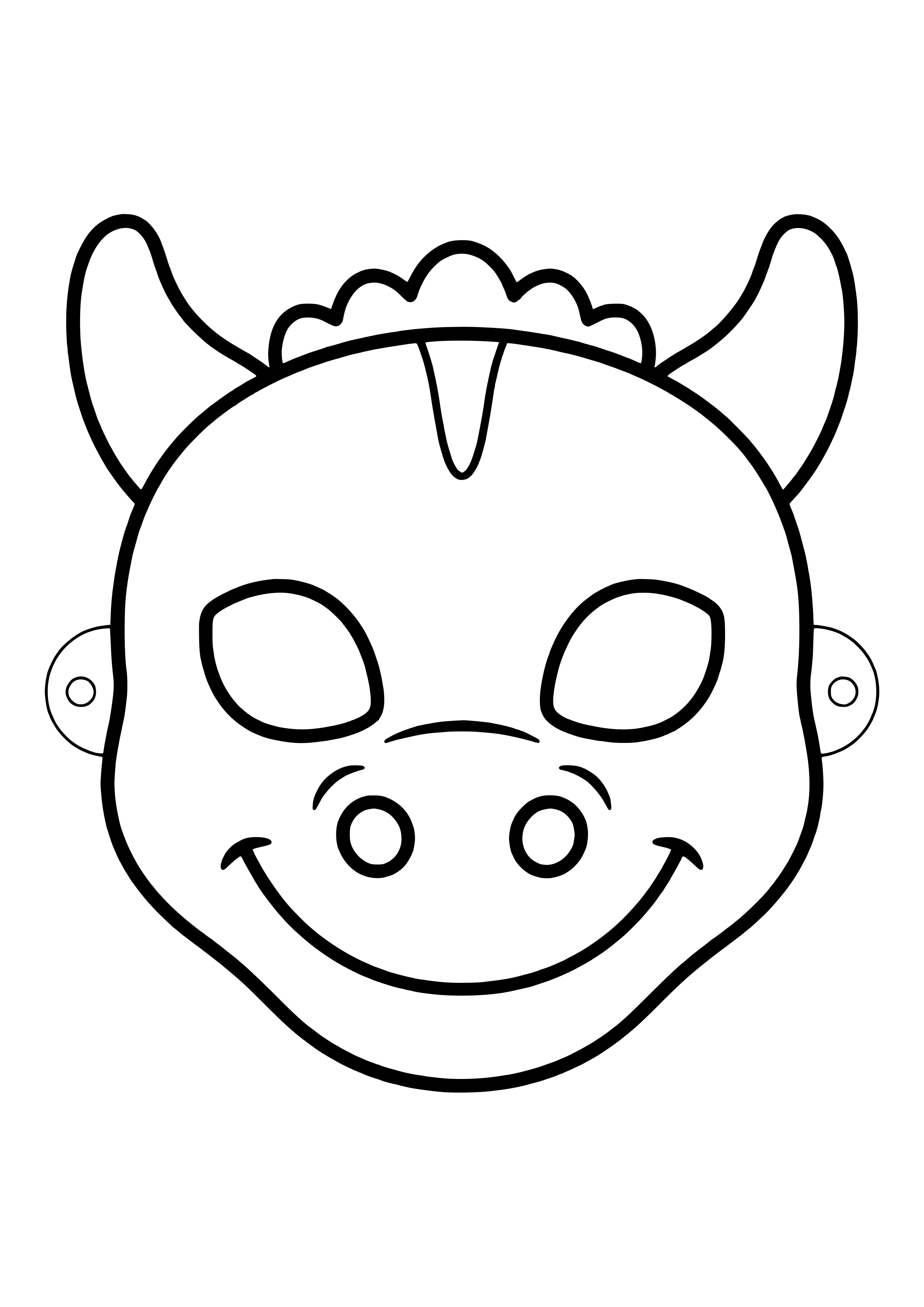 Friendly dragon mask with round horns, a spiky crest, and a smile, ready to print