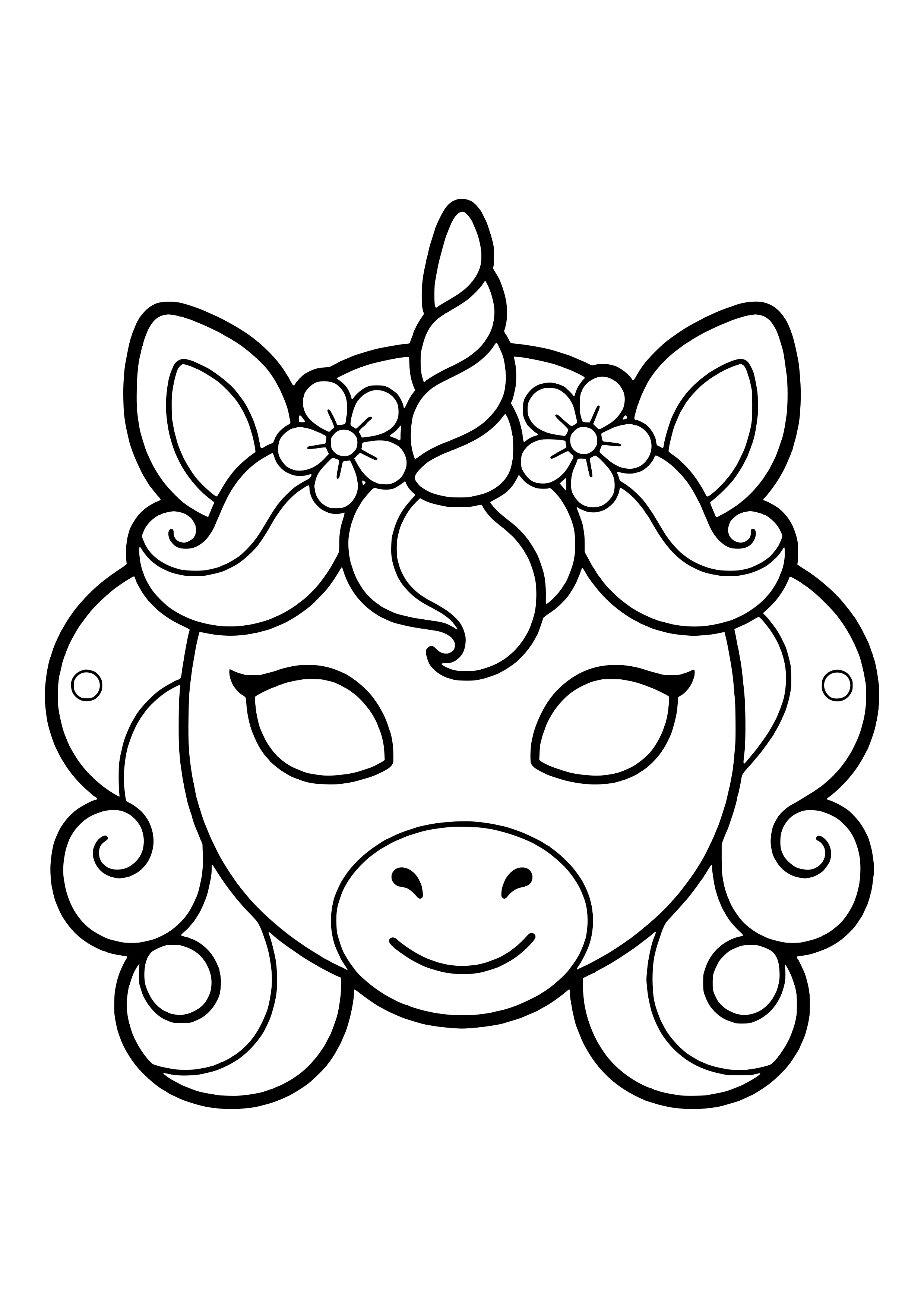 Unicorn mask with a twisted horn, curly mane, and two flowers, ready to print