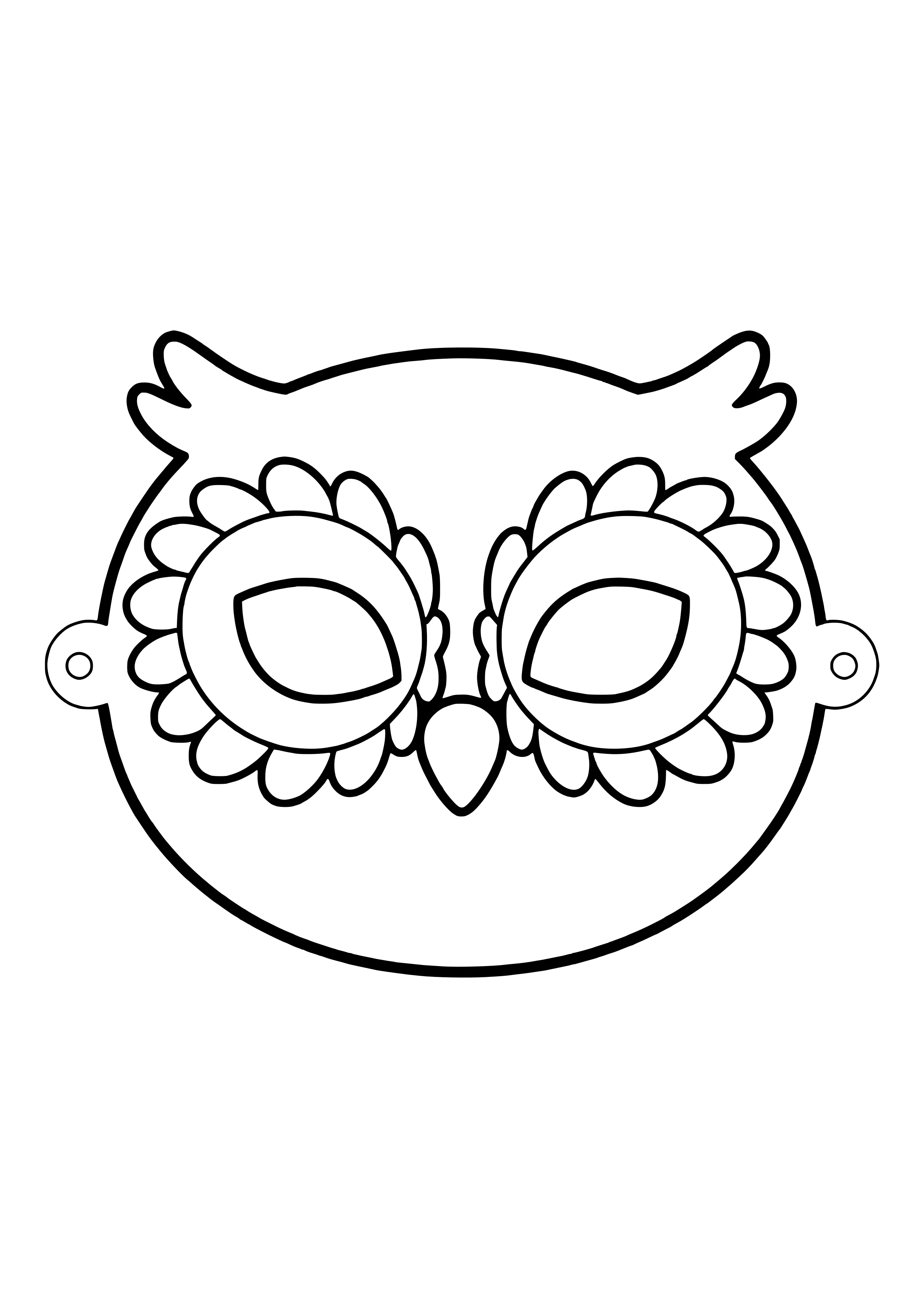 Printable owl mask with feather tufts, round eye rings, and a small beak, ready to color