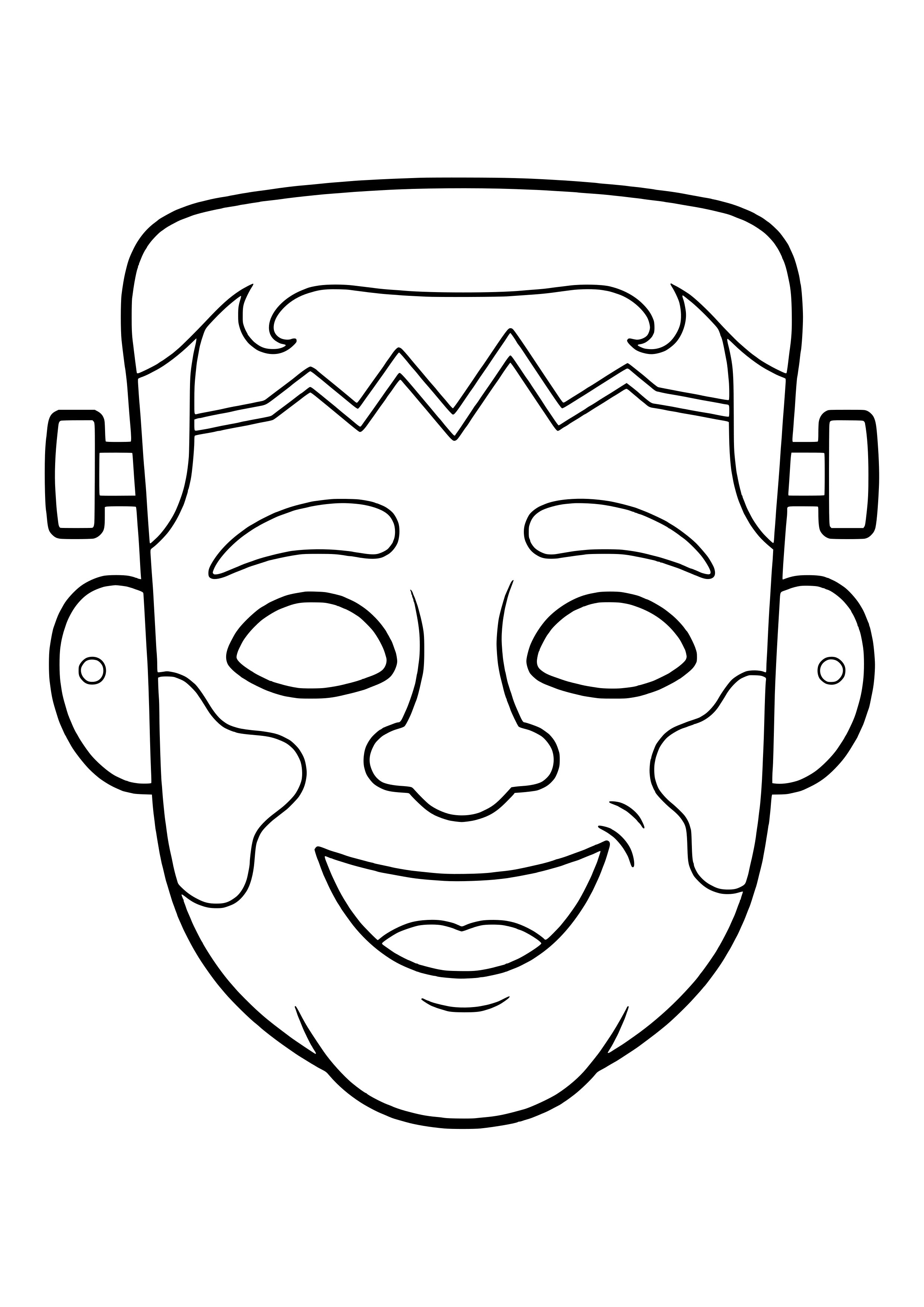 Friendly patchwork monster mask with a flat head, stitched forehead, and bolts, ready to print