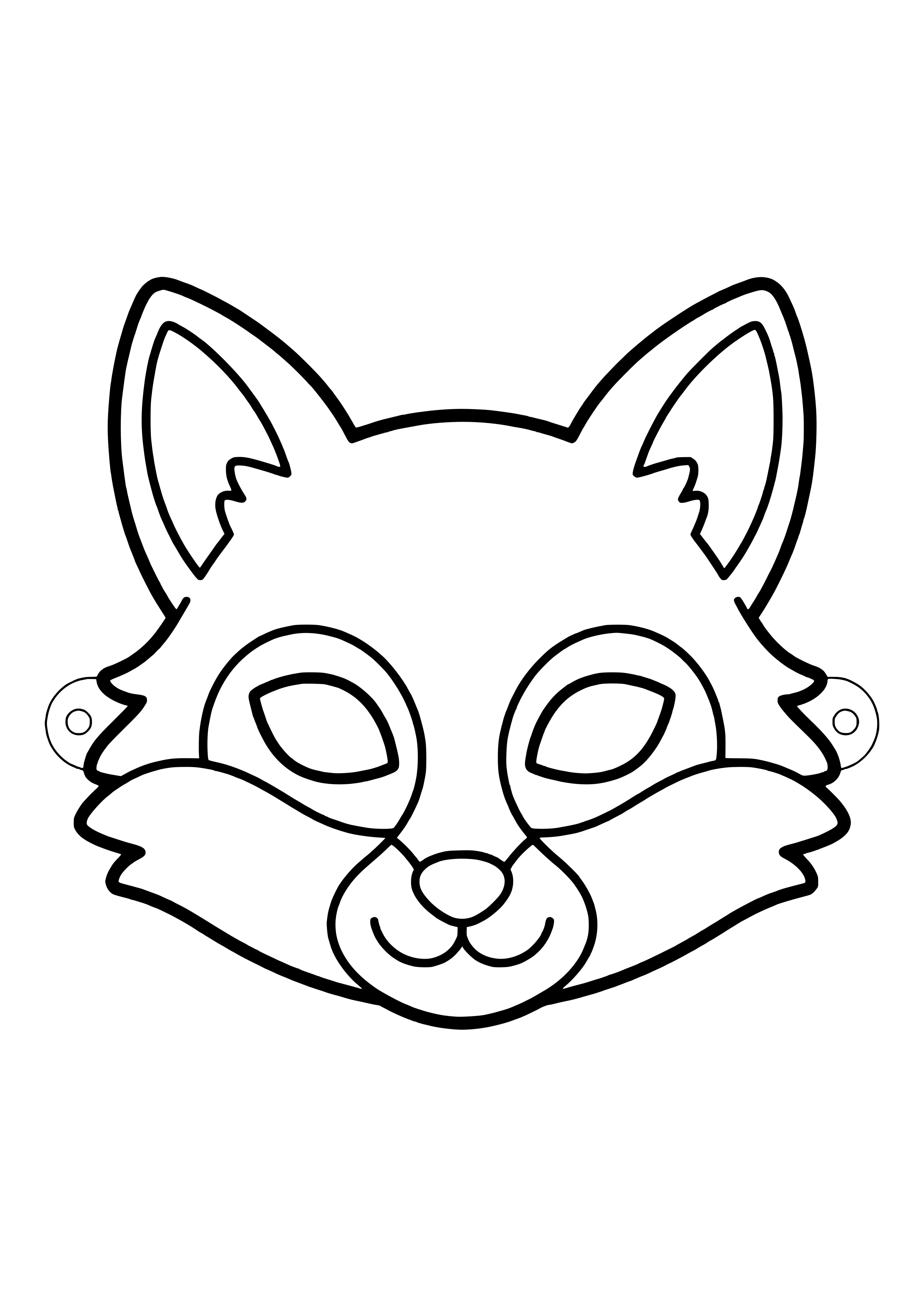 Printable fox mask with pointy ears, fluffy cheeks, and a smiling snout, ready to color