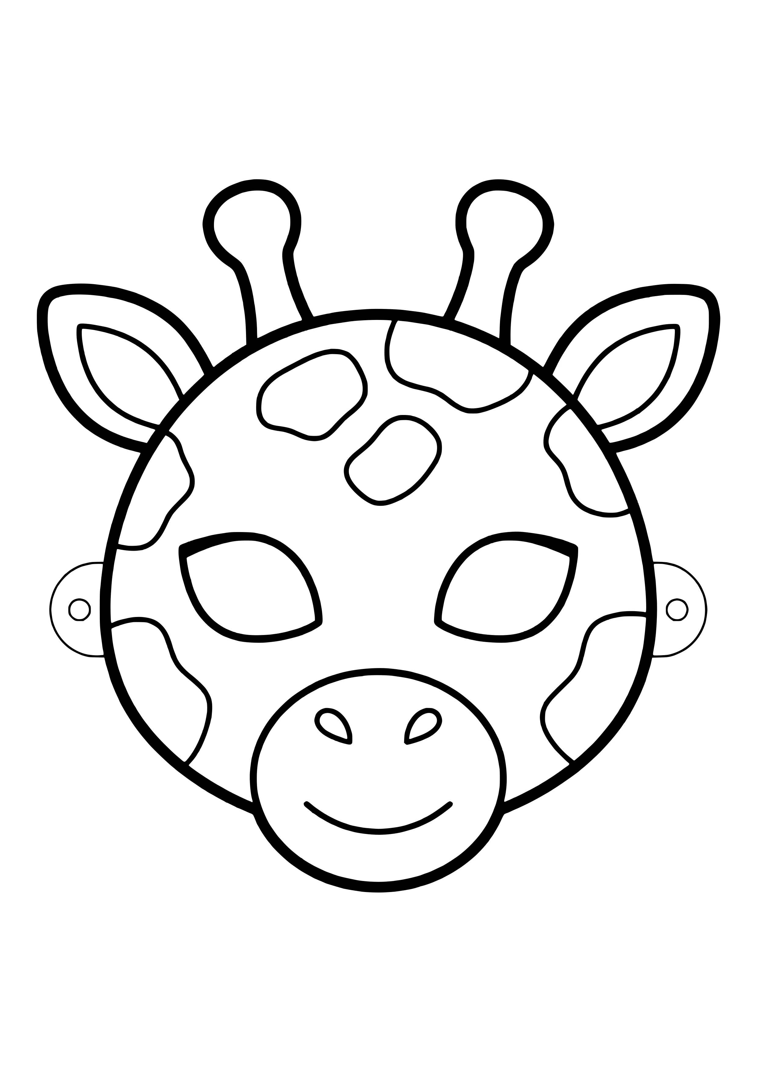 Giraffe mask with two short horns, side ears, and large spots, ready to print