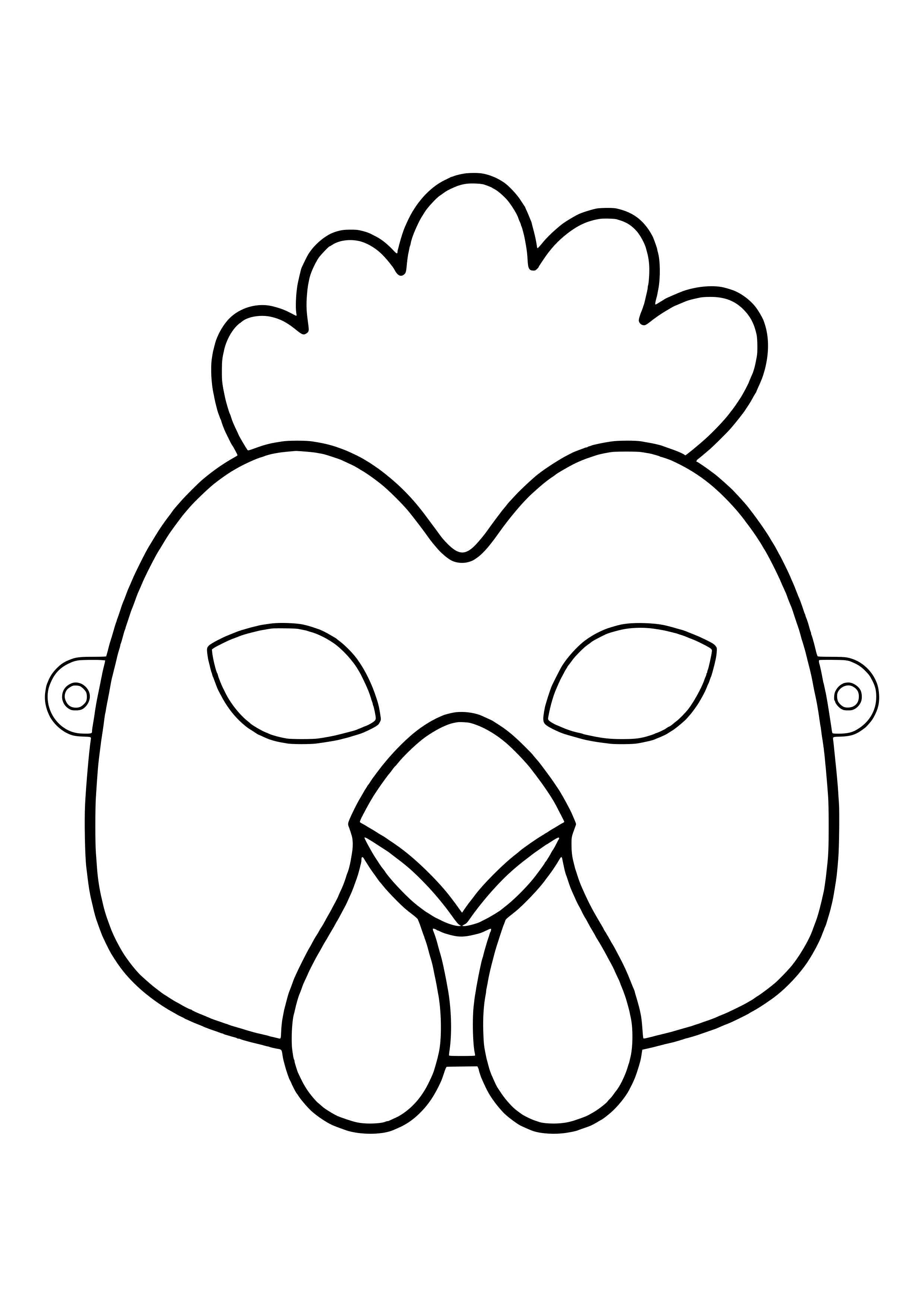 Rooster mask with a big scalloped comb, pointy beak, and wattles, ready to print