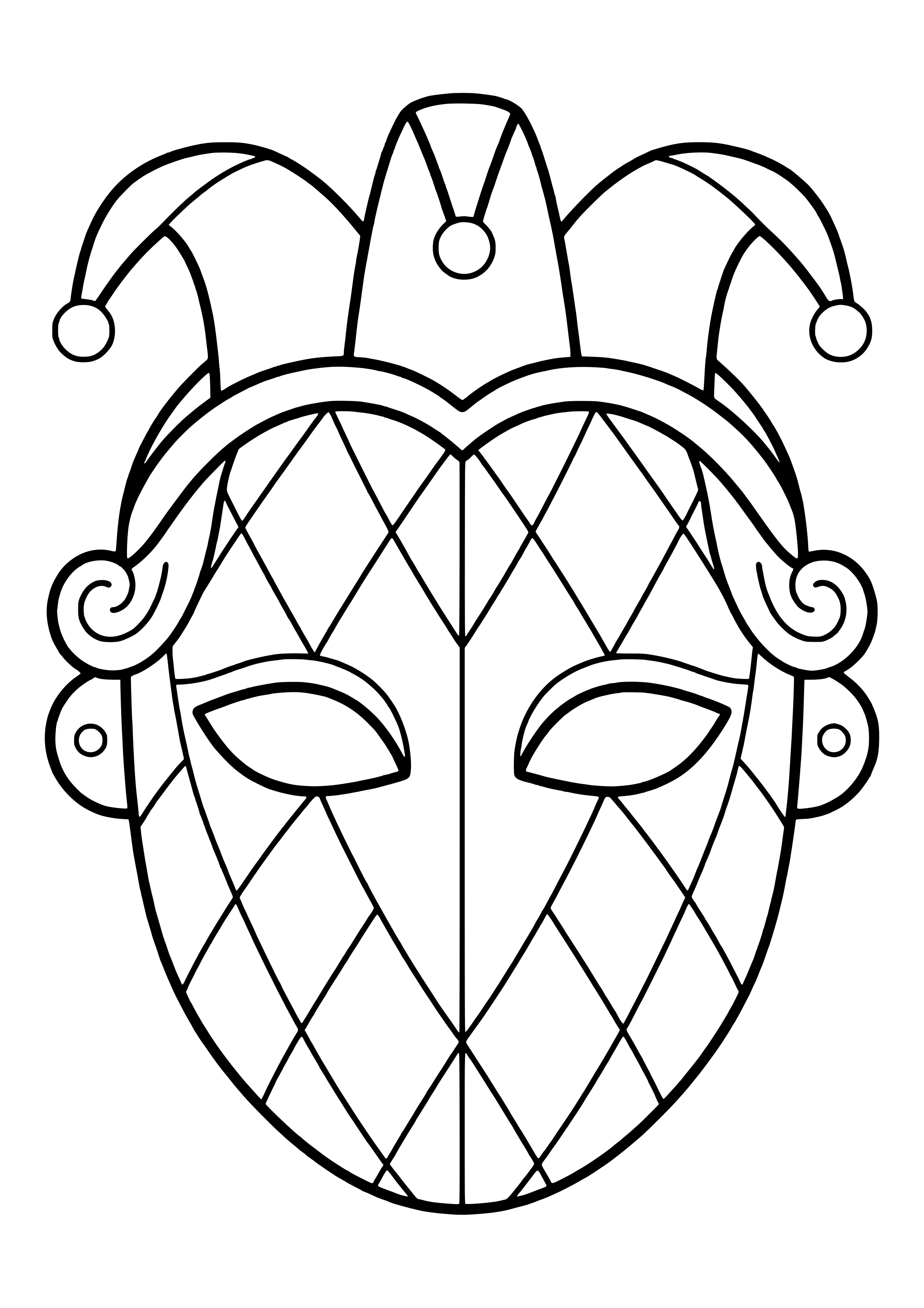 Harlequin mask with large diamond panels and a three-point jester cap with bells, ready to print