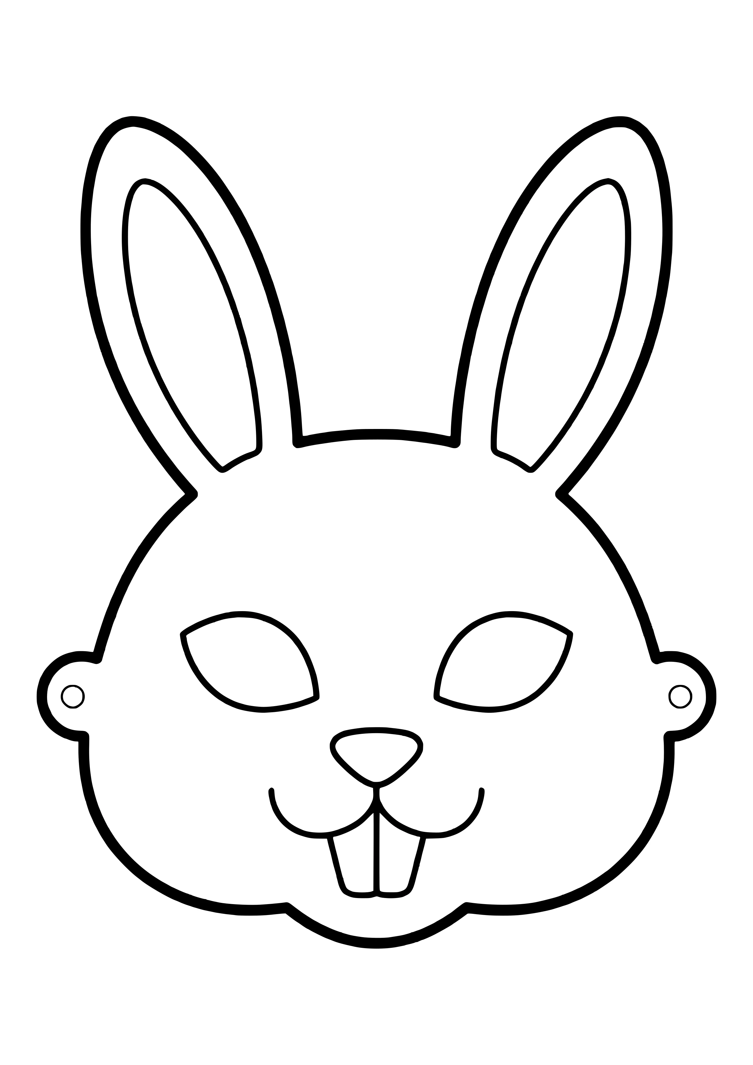 Hase Maske zum Ausdrucken mit langen aufrechten Ohren, kleiner Nase und zwei Schneidezähnen als Ausmalvorlage