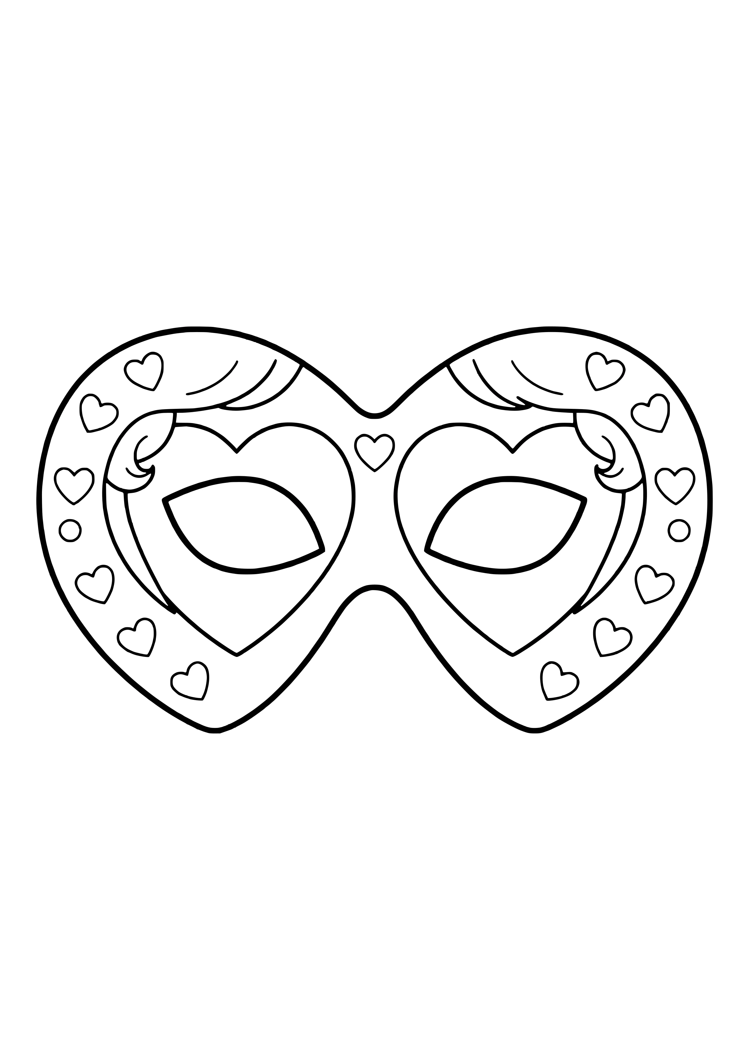 Eye mask made of two large hearts around the eyes with little hearts along the edge, ready to print