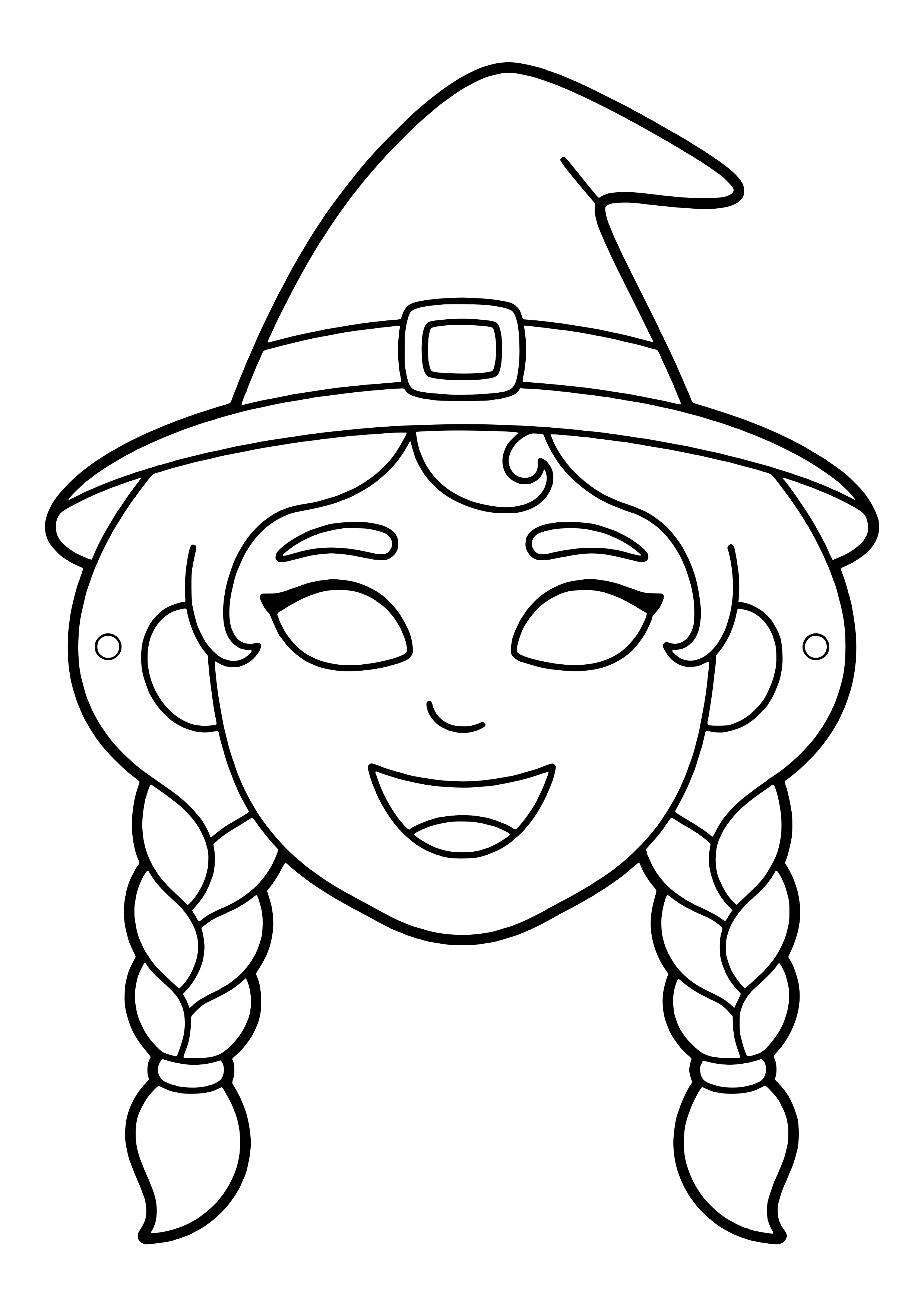 Friendly witch mask with a tall pointed hat with buckle and two braids, ready to print