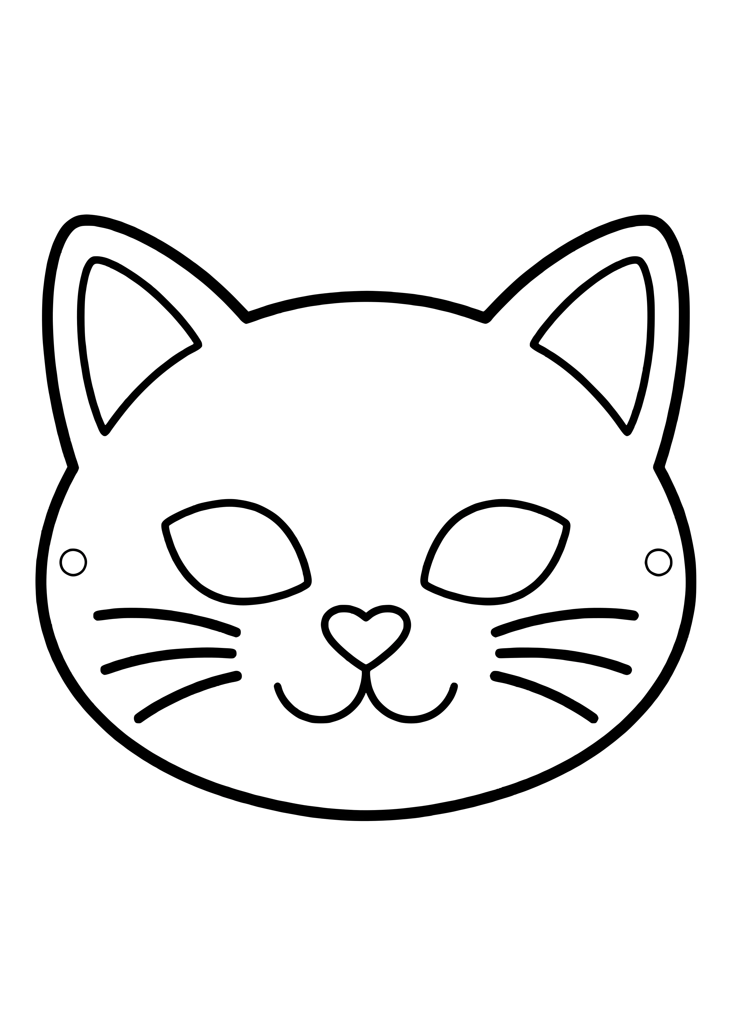 Printable cat mask with pointy ears, a heart-shaped nose, and whiskers, ready to color
