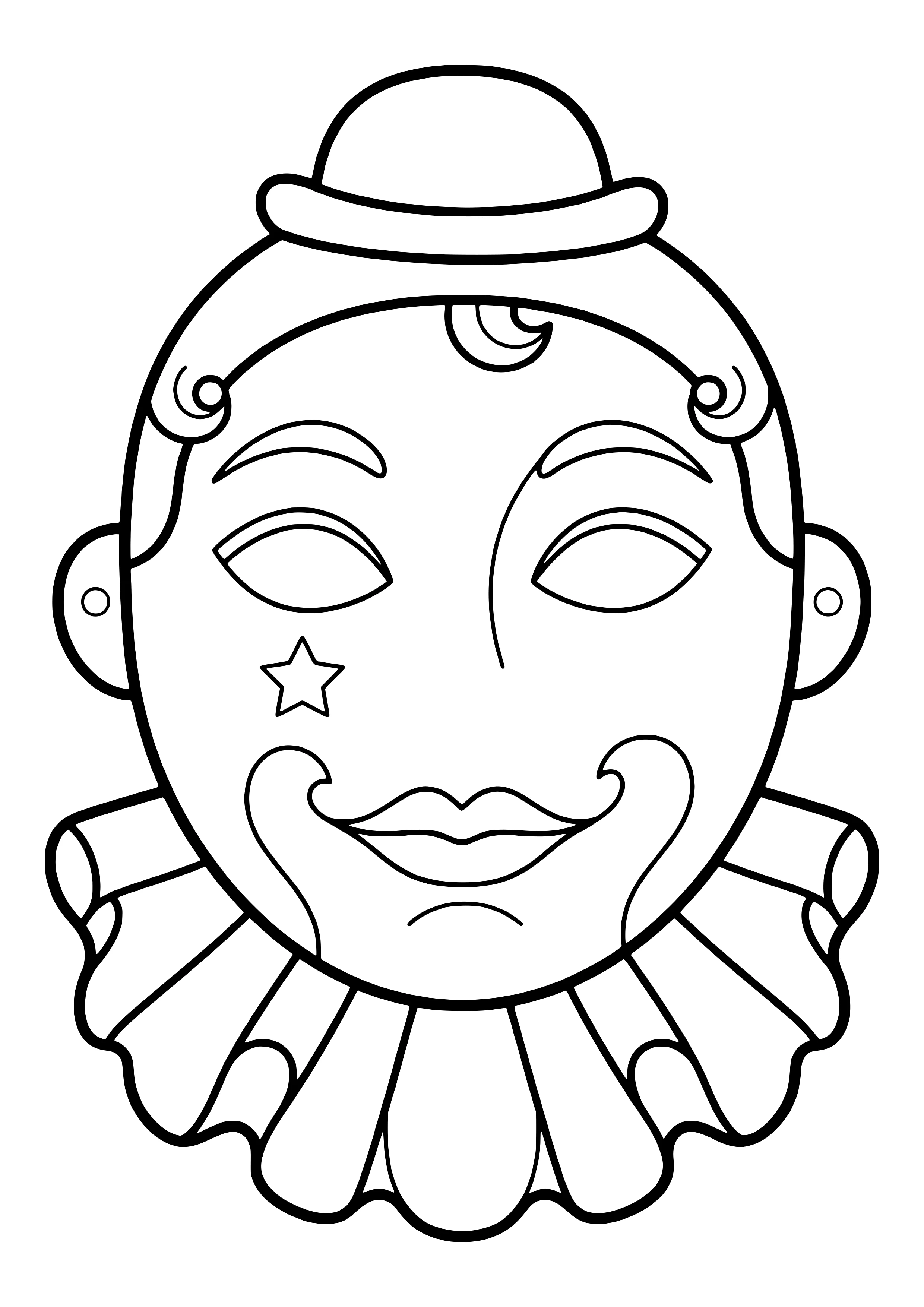 Pierrot Maske mit rundem Gesicht, kleinem Hut, Rüschenkragen und Stern unter dem Auge zum Ausdrucken