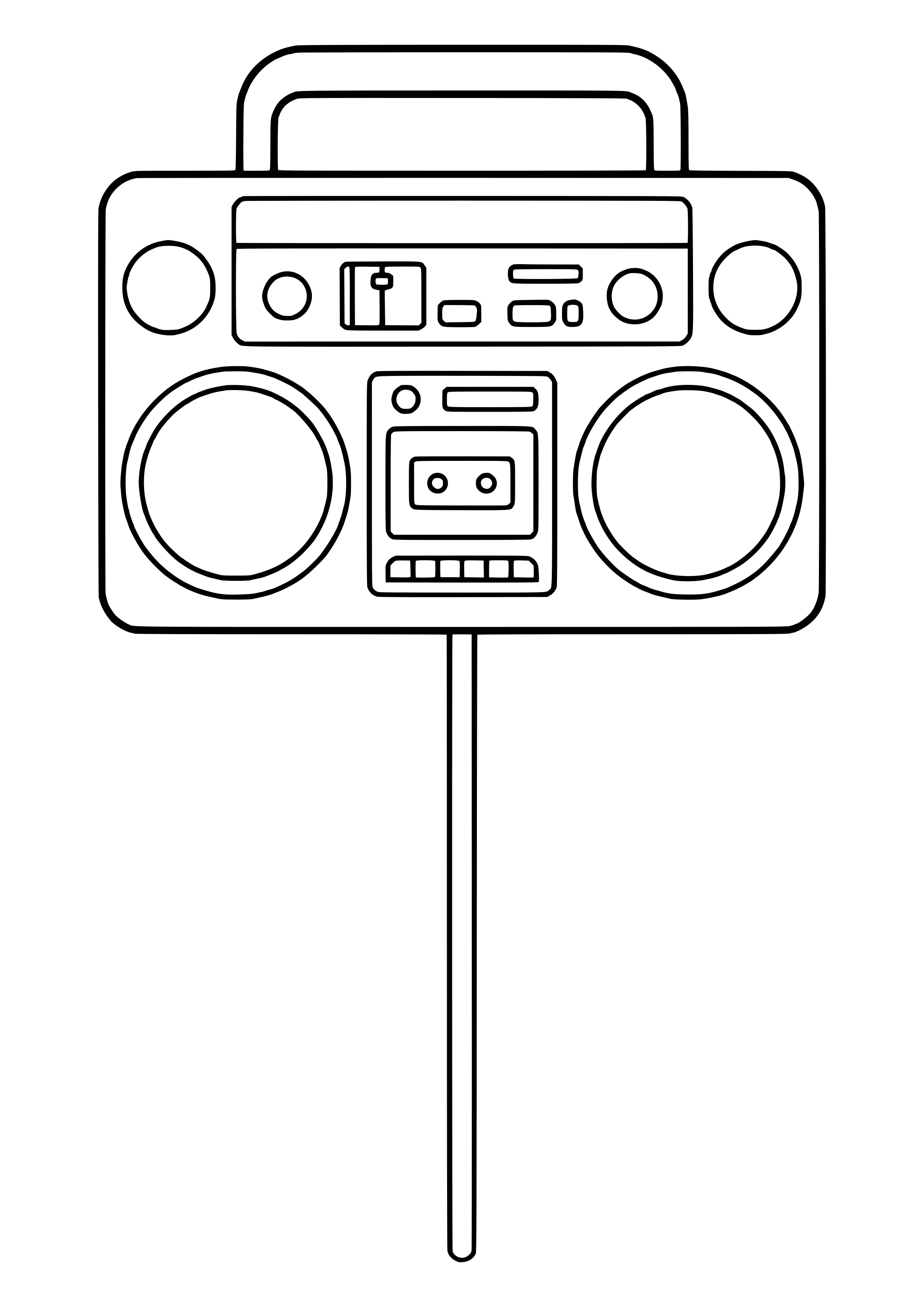 Big 80s boombox with two round speakers and a handle as a photo booth prop on a stick, ready to print