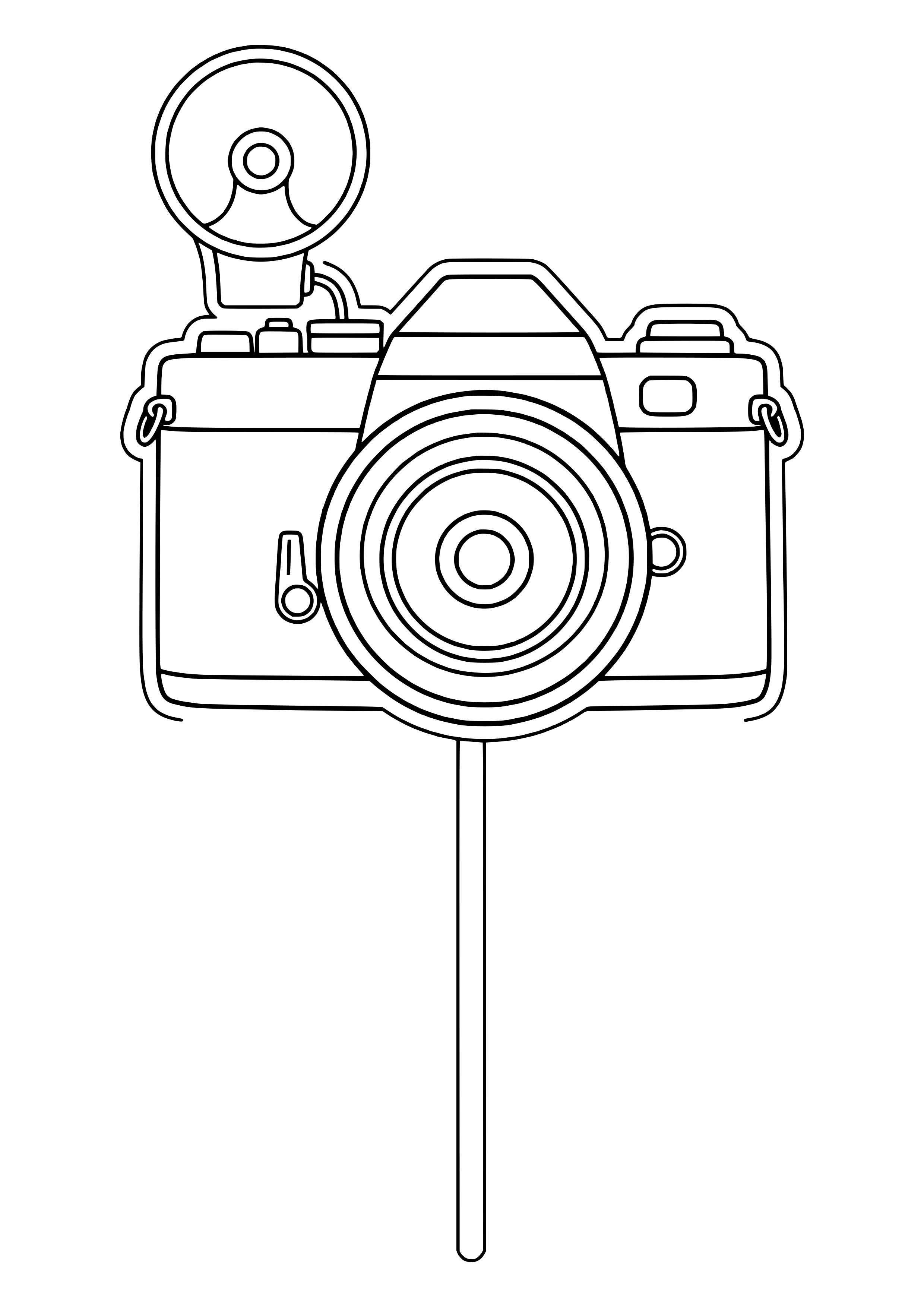 Vintage camera with a big lens and flash as a photo booth prop on a stick, ready to print