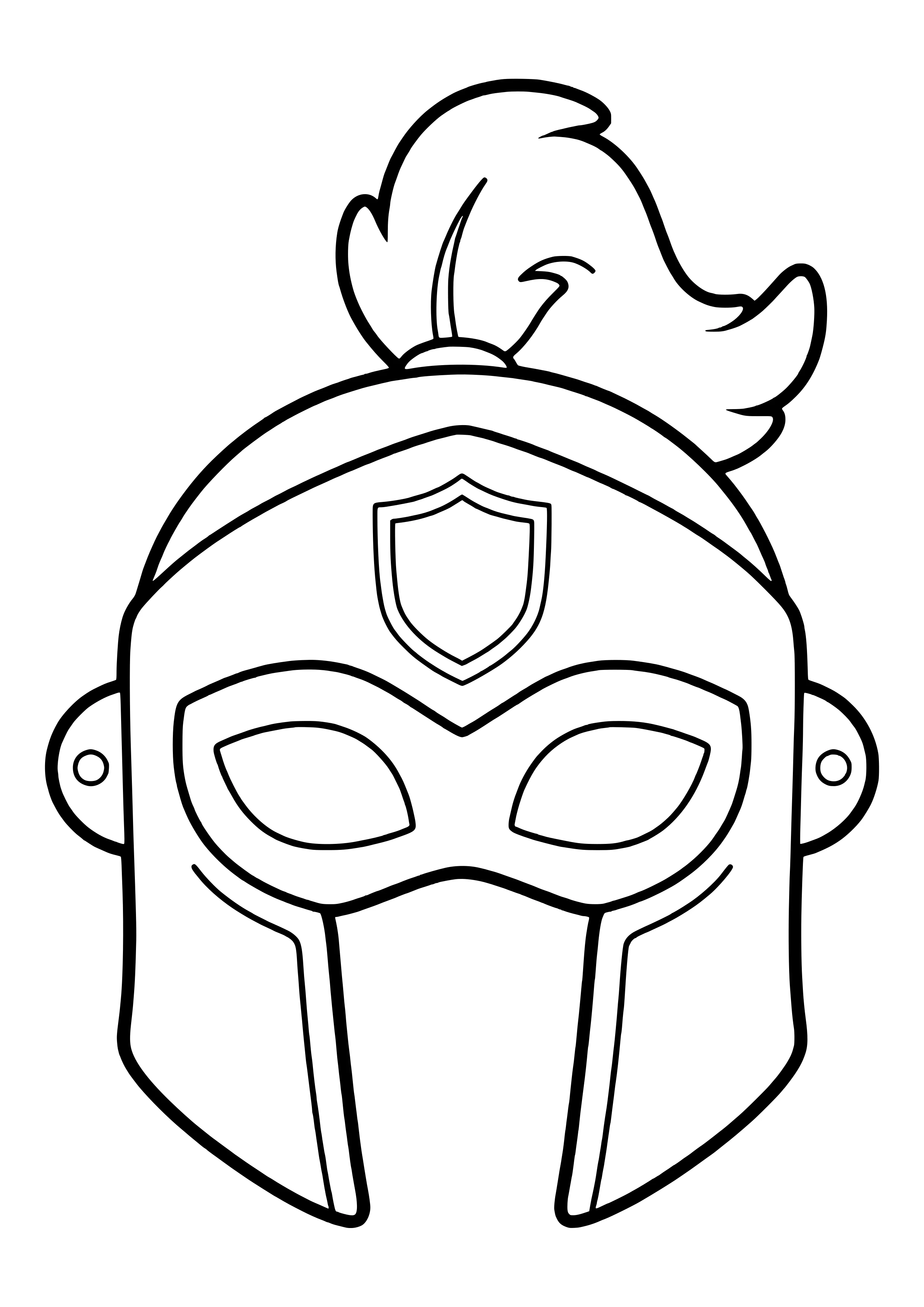Knight helmet mask with a visor slit, feather plume, and coat of arms, ready to print