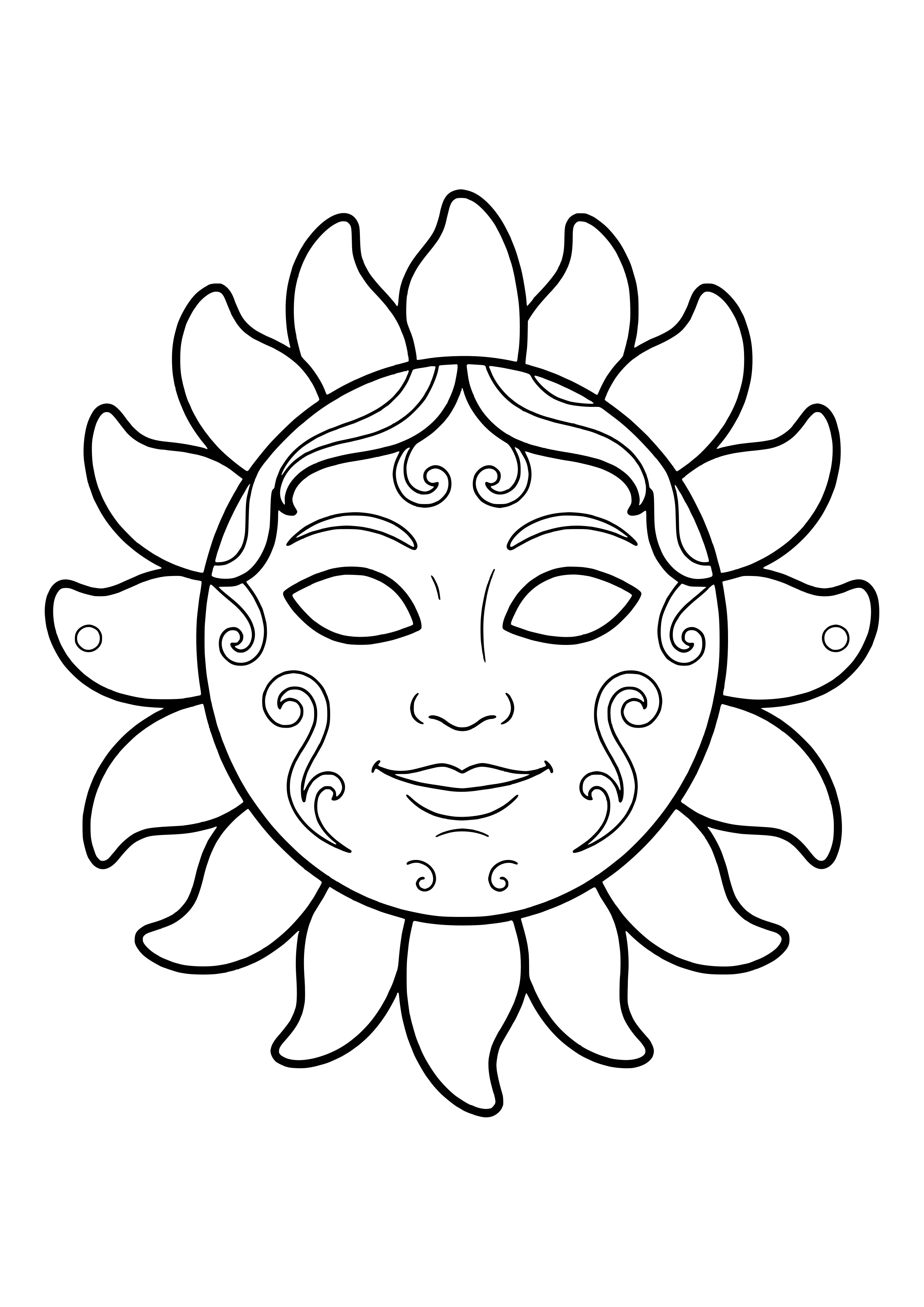 Venezianische Sonnenmaske mit rundem Gesicht und Kranz aus geschwungenen Strahlen zum Ausdrucken