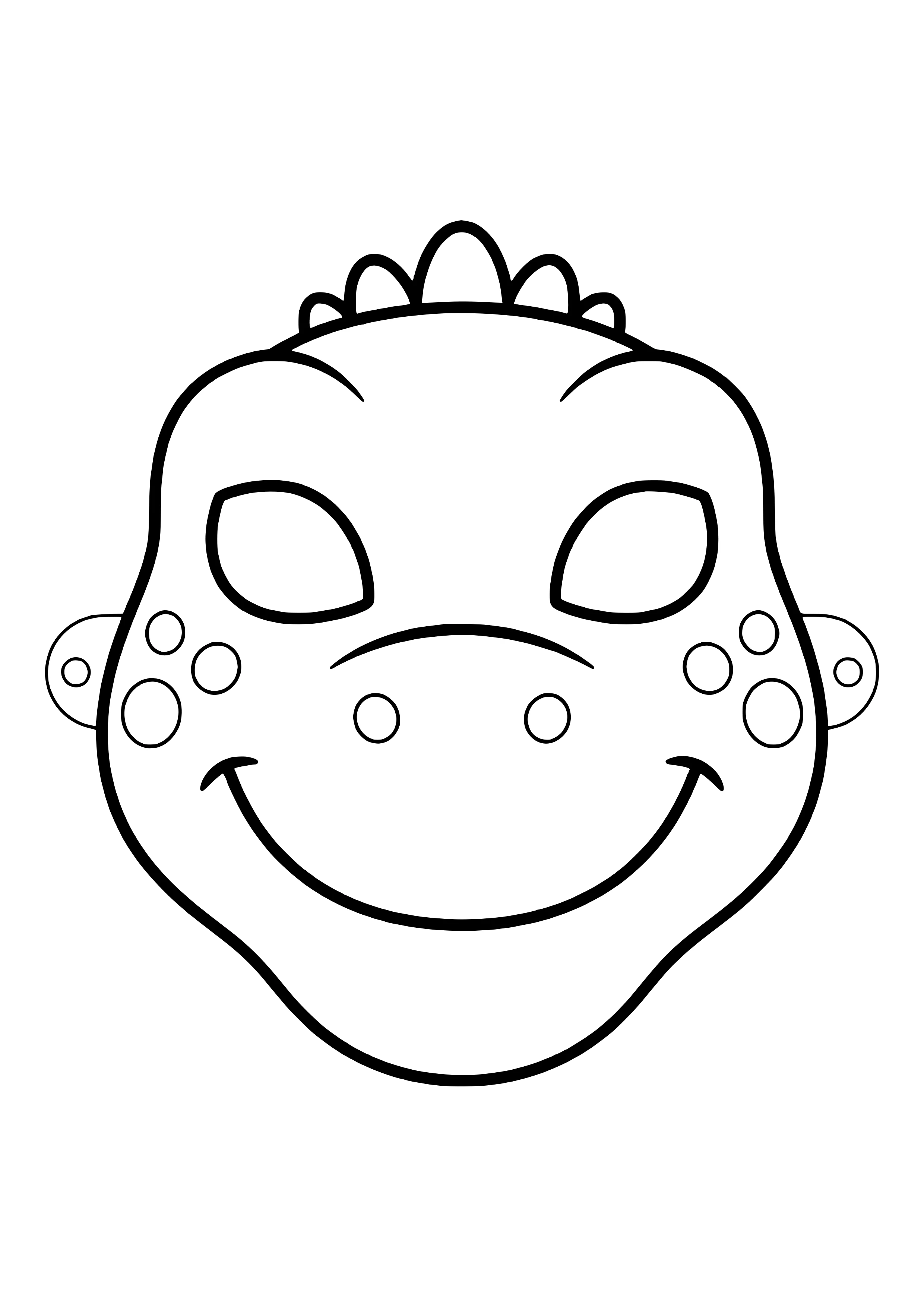 Friendly T-Rex mask with a big smiling mouth and rounded back spikes, ready to print