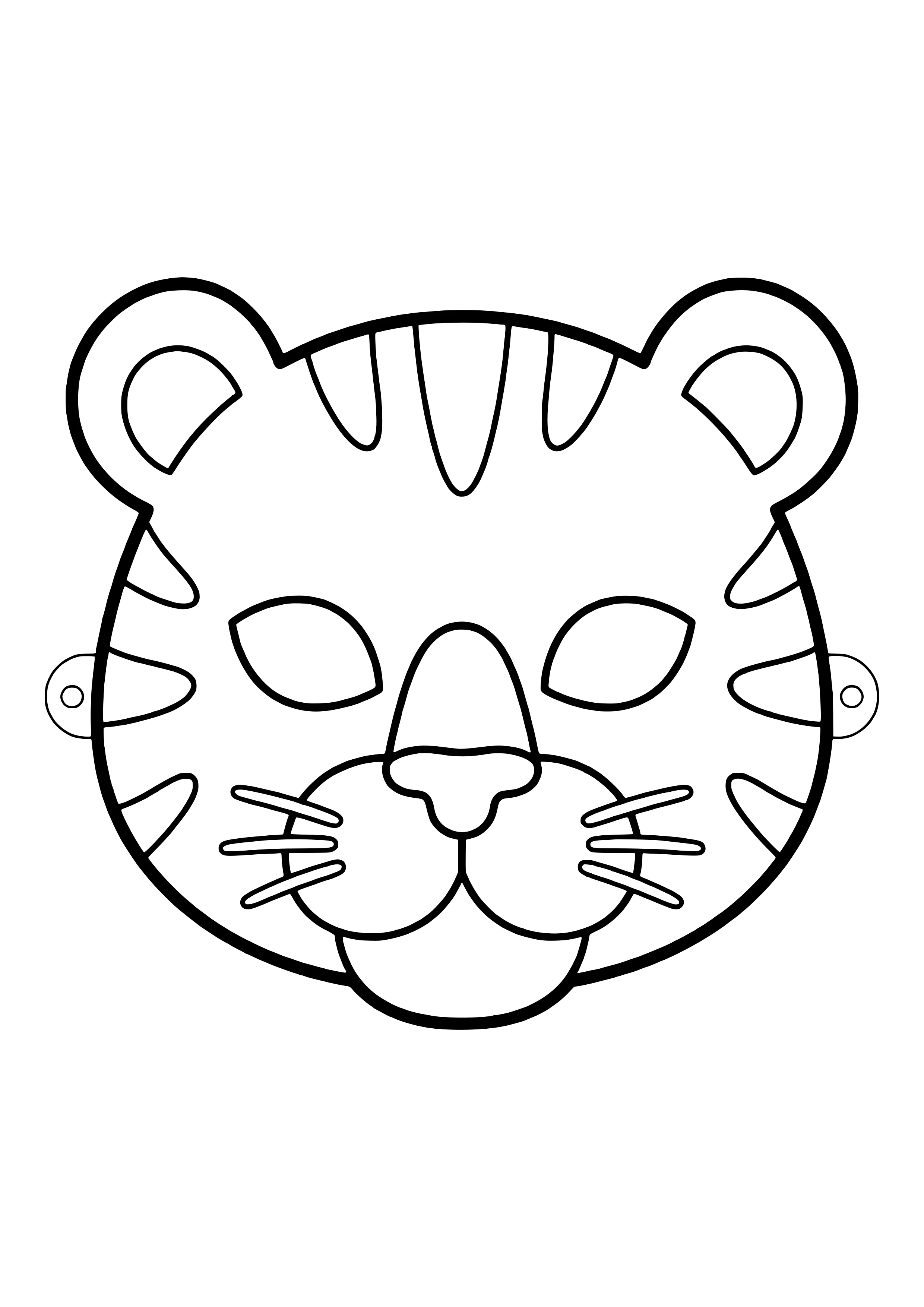 Tiger Maske zum Ausdrucken mit breiten Streifen, runden Ohren, weißer Schnauze und Schnurrhaaren als Ausmalvorlage
