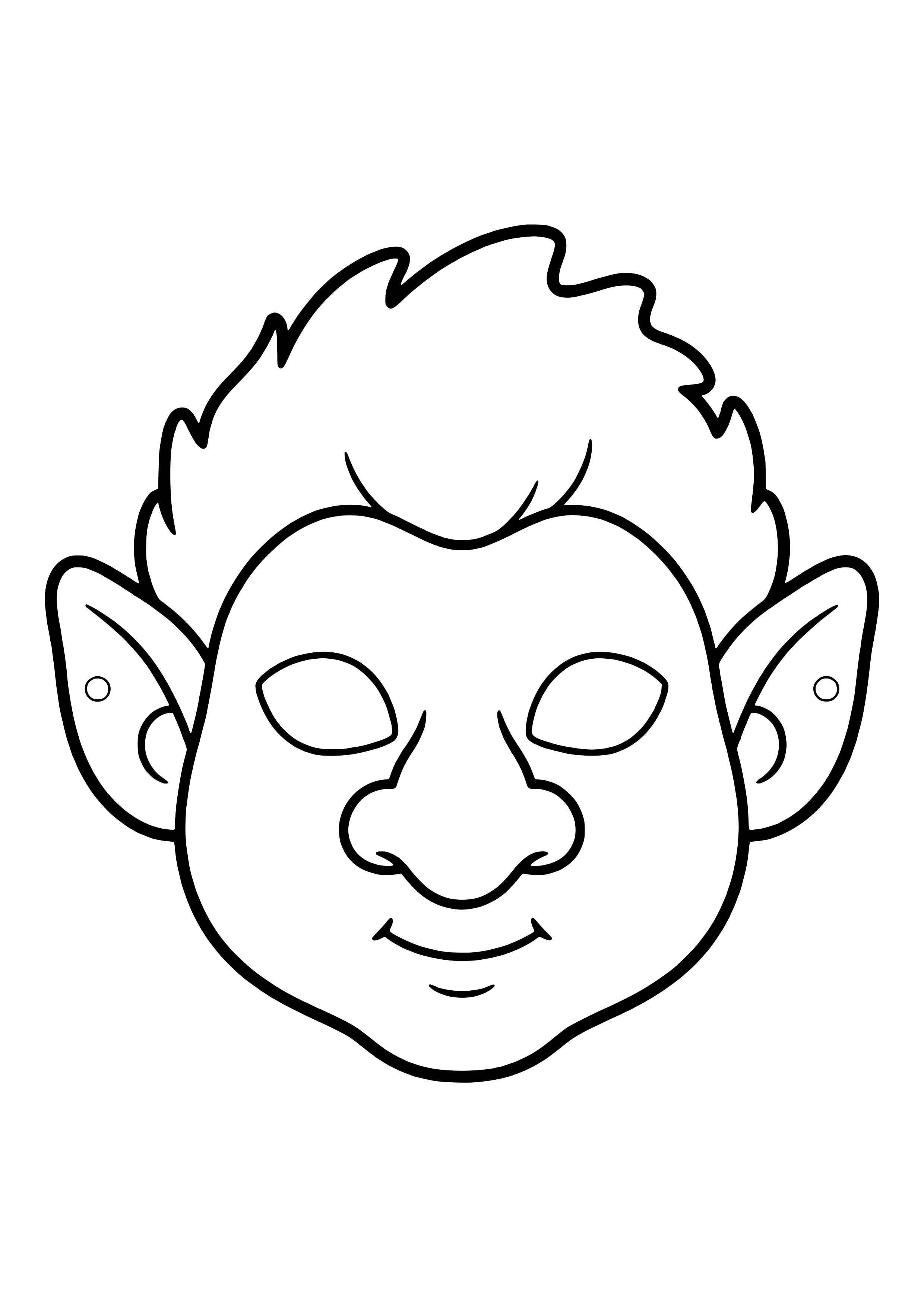 Funny troll mask with a bulb nose, pointed ears, and shaggy hair, ready to print