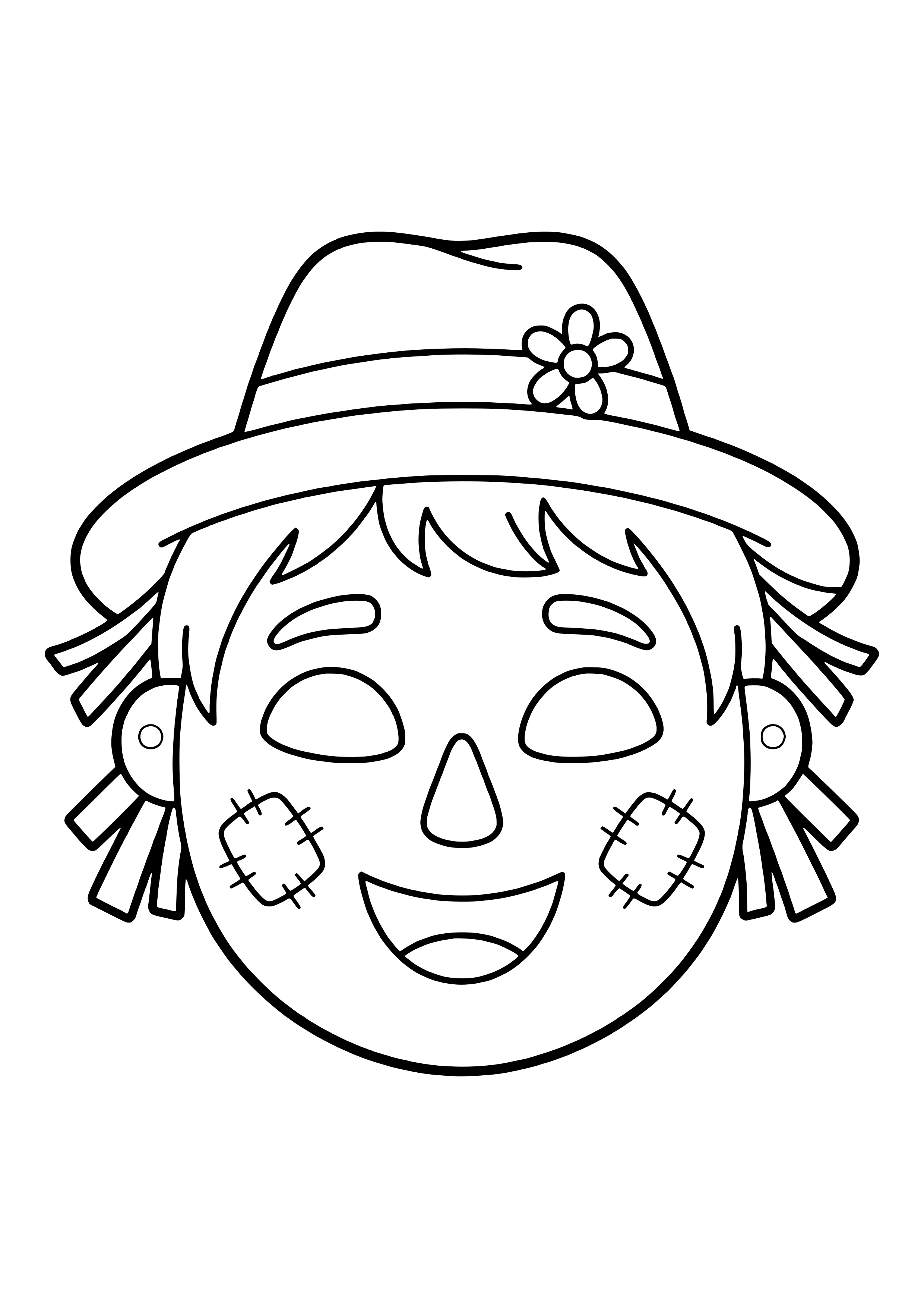 Friendly scarecrow mask with an old straw hat, cheek patches, and straw tufts, ready to print