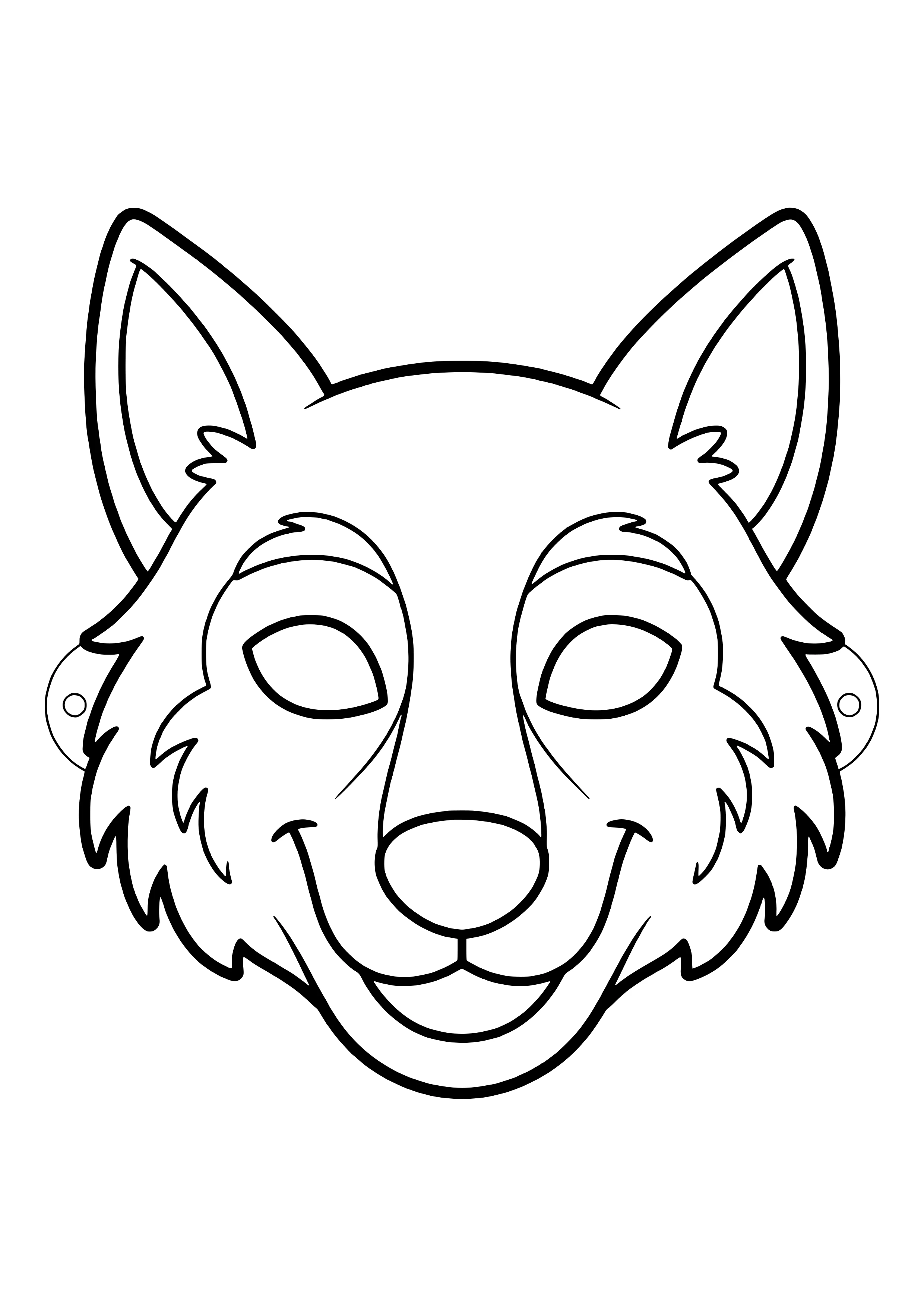 Printable wolf mask with pointy ears, shaggy cheeks, and a wide grin, ready to color