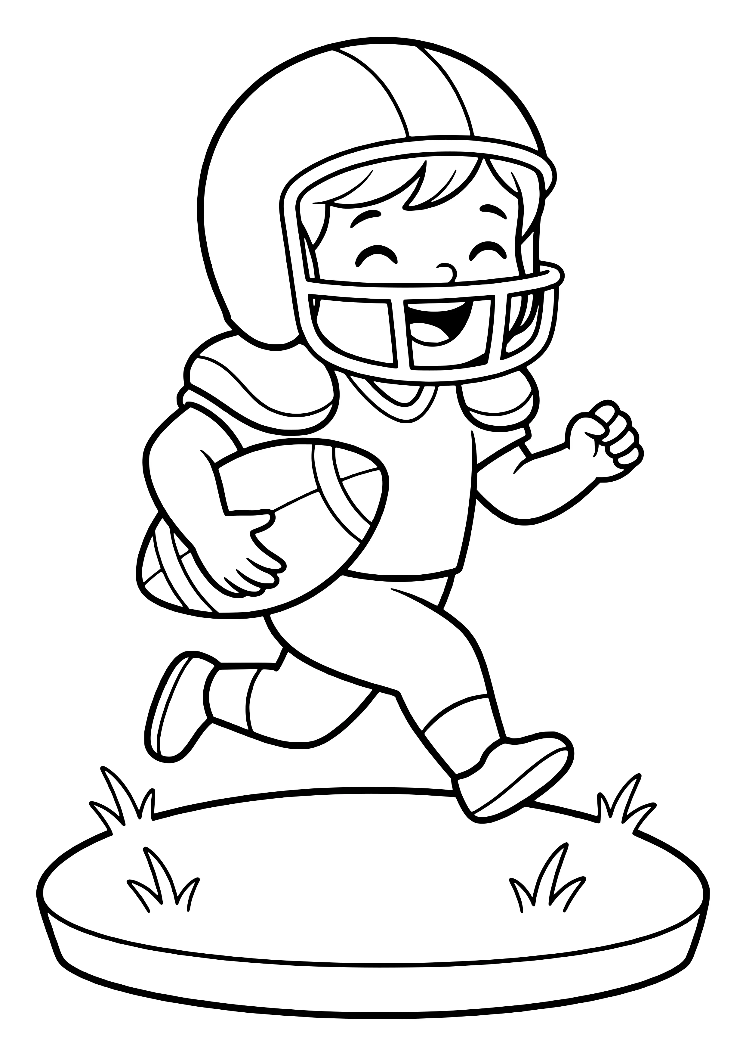 Smiling kid in a football helmet and shoulder pads running with the ball - free printable football coloring page