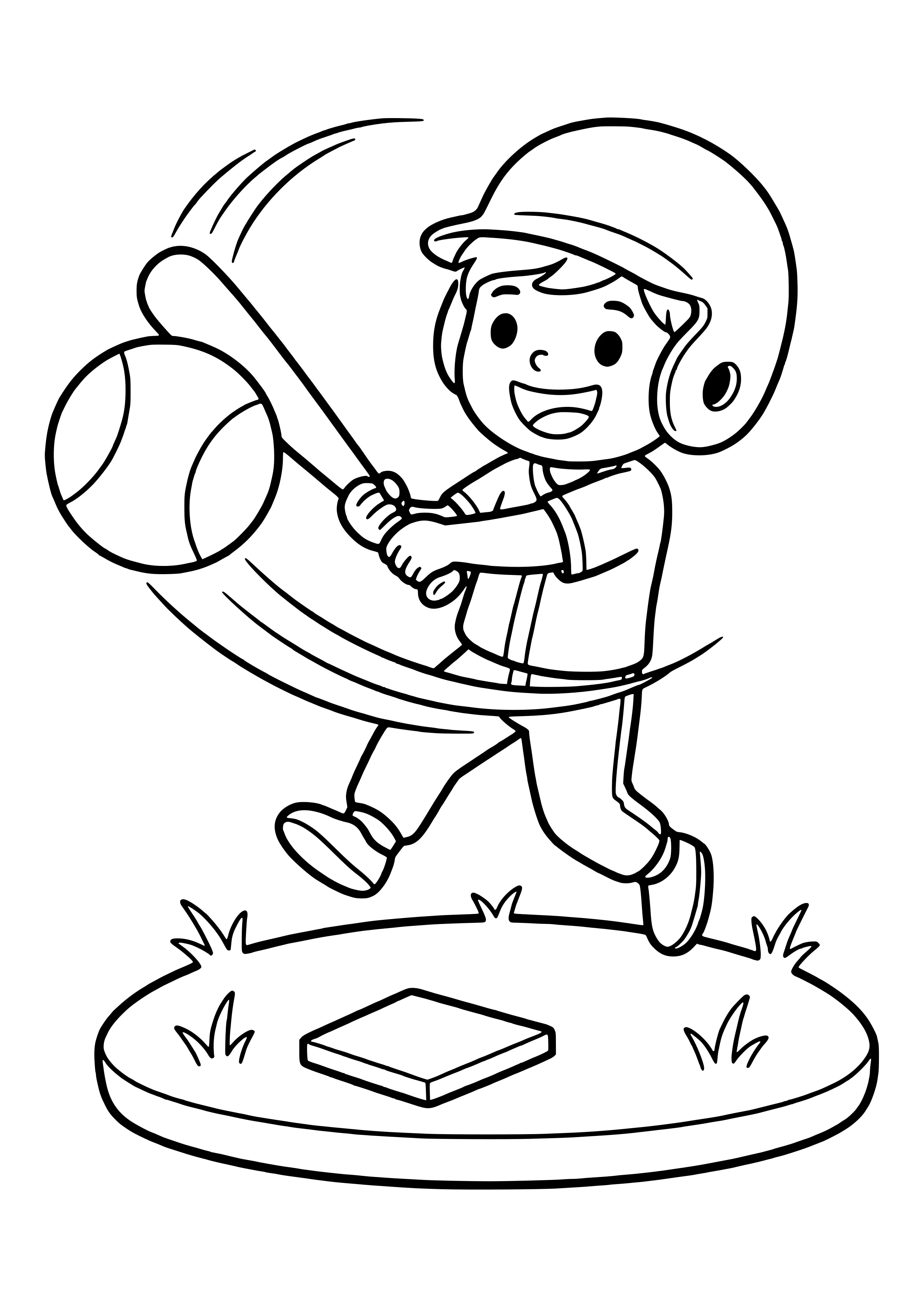 Boy in a batting helmet swinging a bat and hitting a baseball above home plate - free printable baseball coloring page