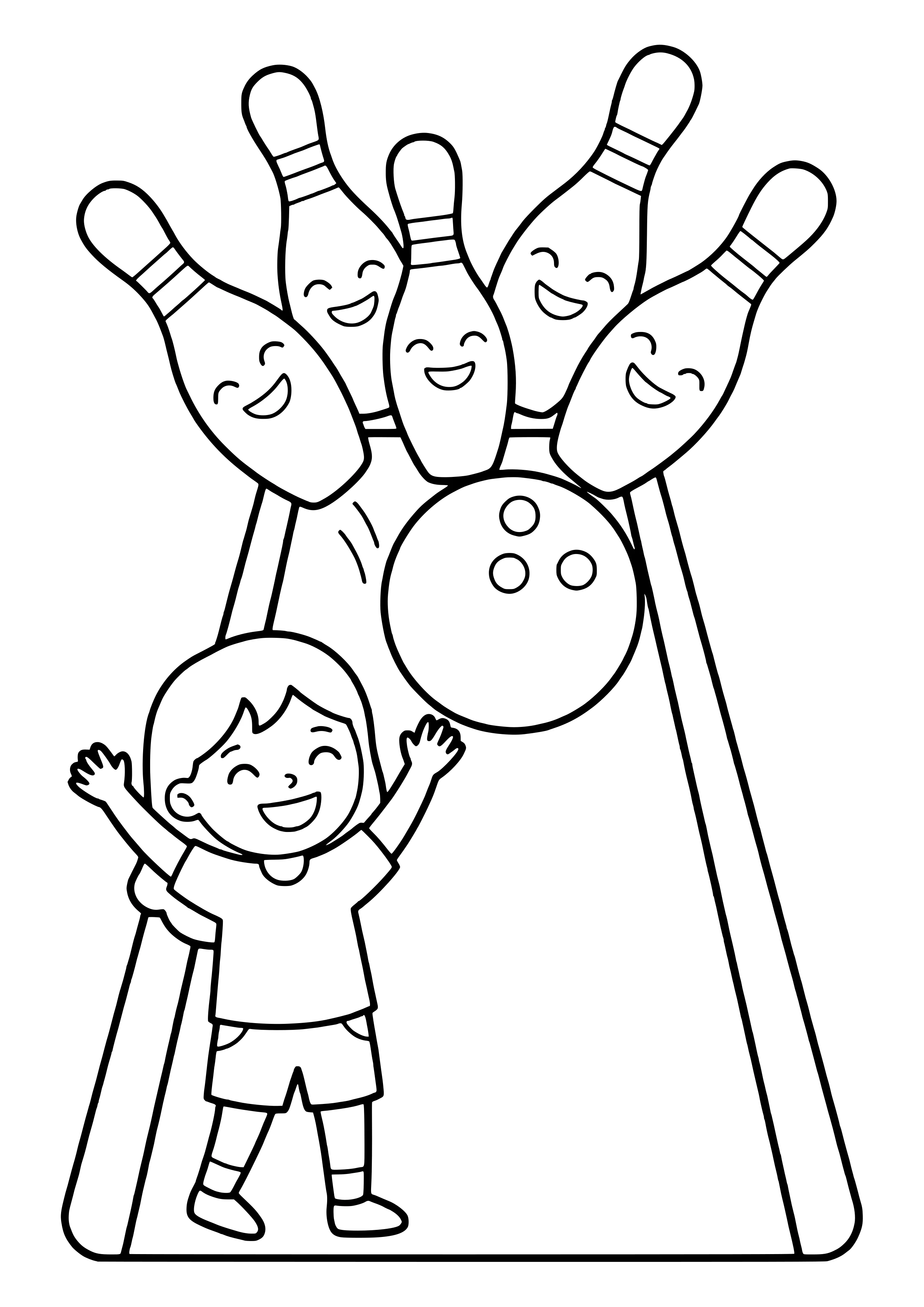 Cheering girl after rolling a ball as six smiling bowling pins fall over – free bowling coloring page