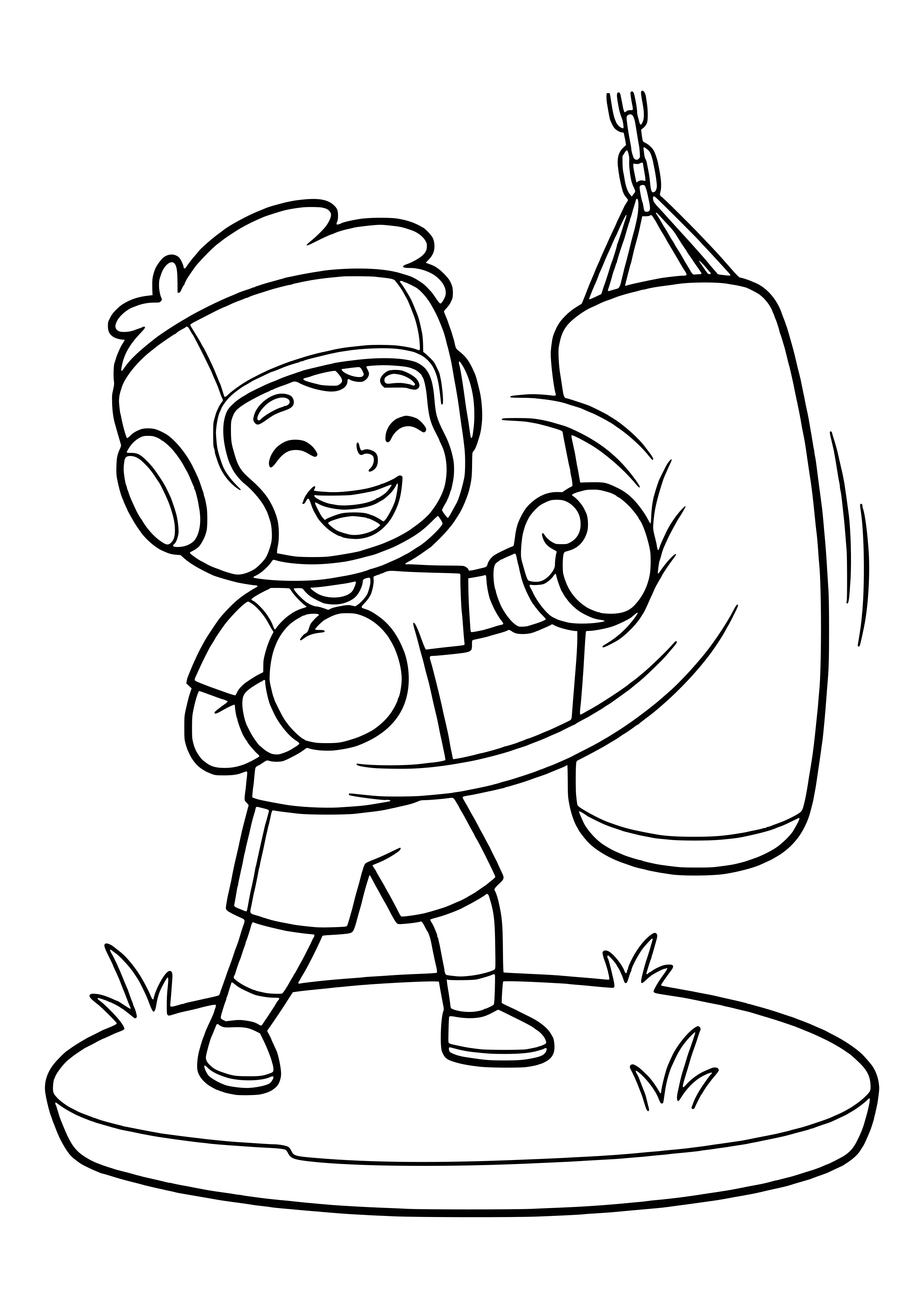 Boy in boxing gloves and headgear happily training at a punching bag – free boxing coloring page